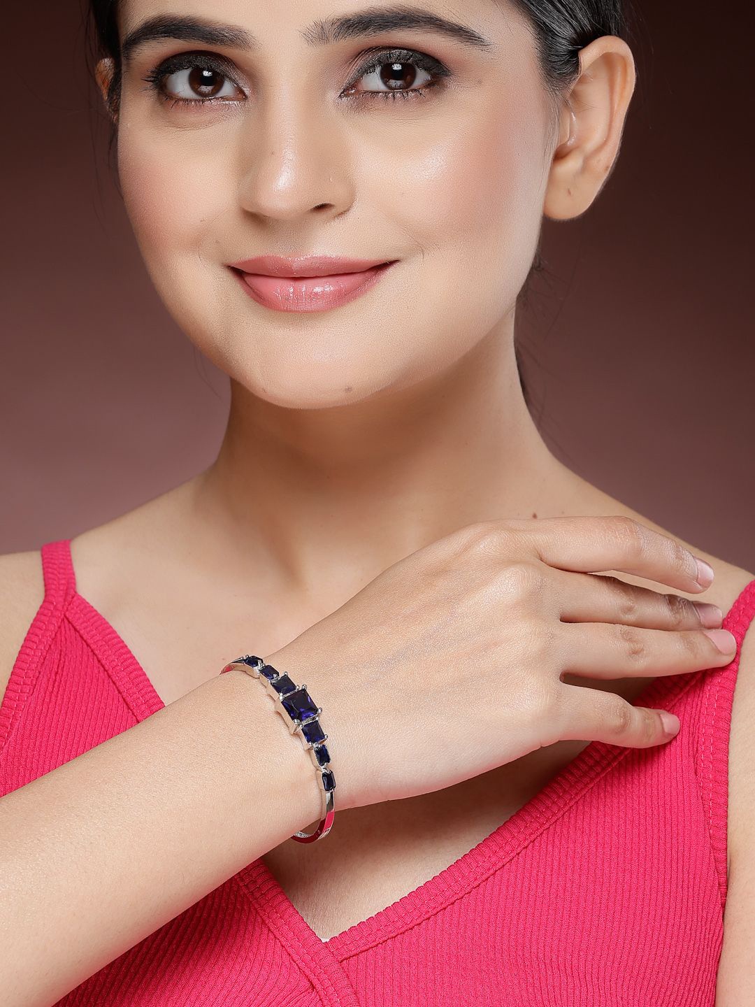 

ZENEME Rhodium Plated Silver Toned Blue AD Studded Princess Cut Elegance Kada Bracelet