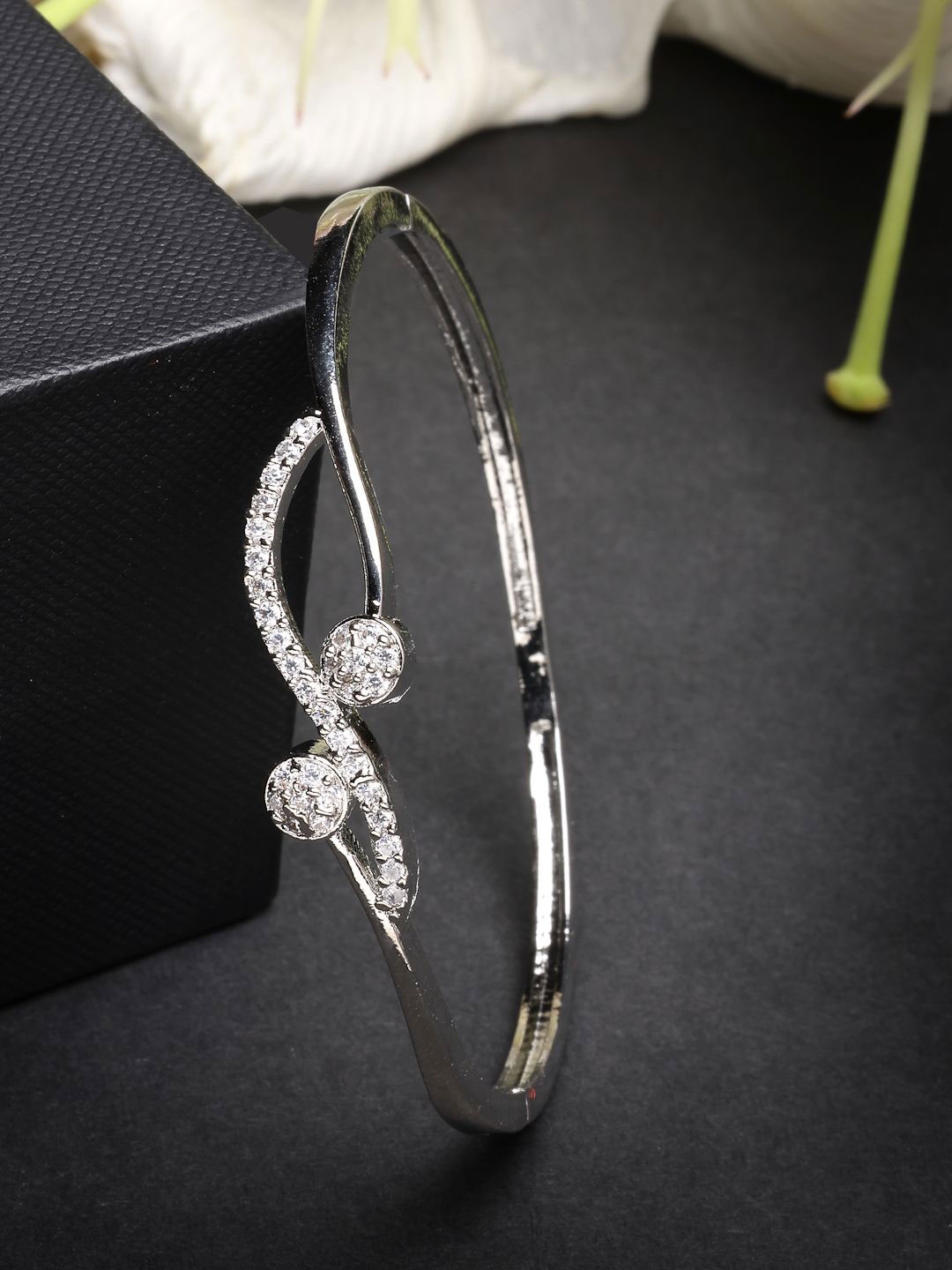 

ZENEME Rhodium Plated Silver Toned Infinity Sparkle Kada Bracelet