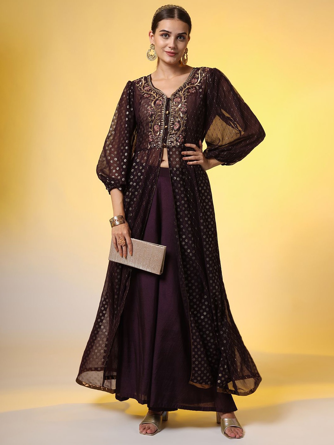 

SUFIZA LIFESTYLE Women Embellished Puff Sleeve Georgette Ethnic Dresses, Purple