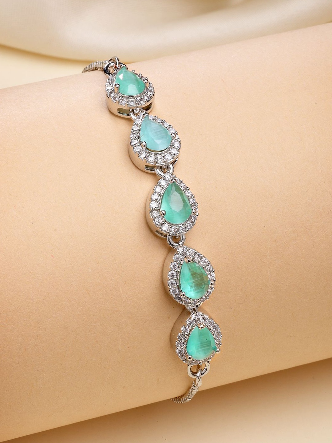 

ZENEME Rhodium Plated Silver Toned Tear Drop Delight with Ocean Blue Crystals Bracelet