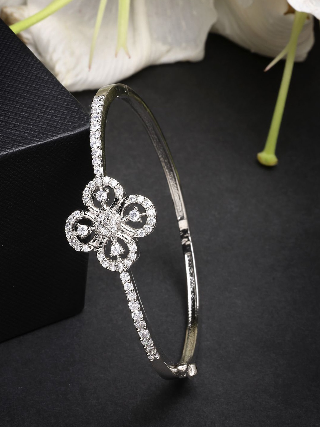 

ZENEME Rhodium Plated Silver Toned Petal Gleam Kada Bracelet, White