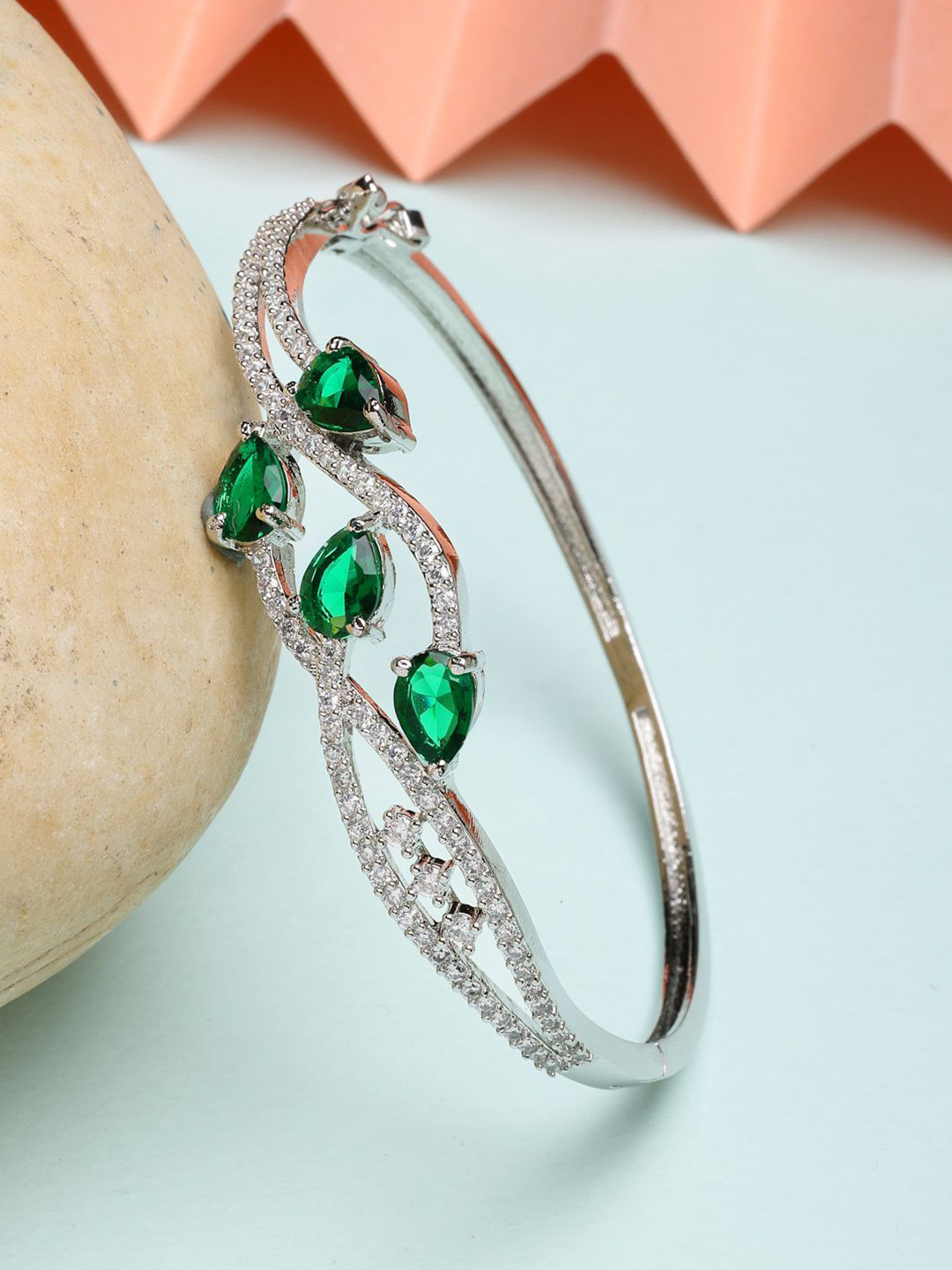 

ZENEME Rhodium Plated Silver Toned American Diamond Studded Green Kada Grace Bracelet