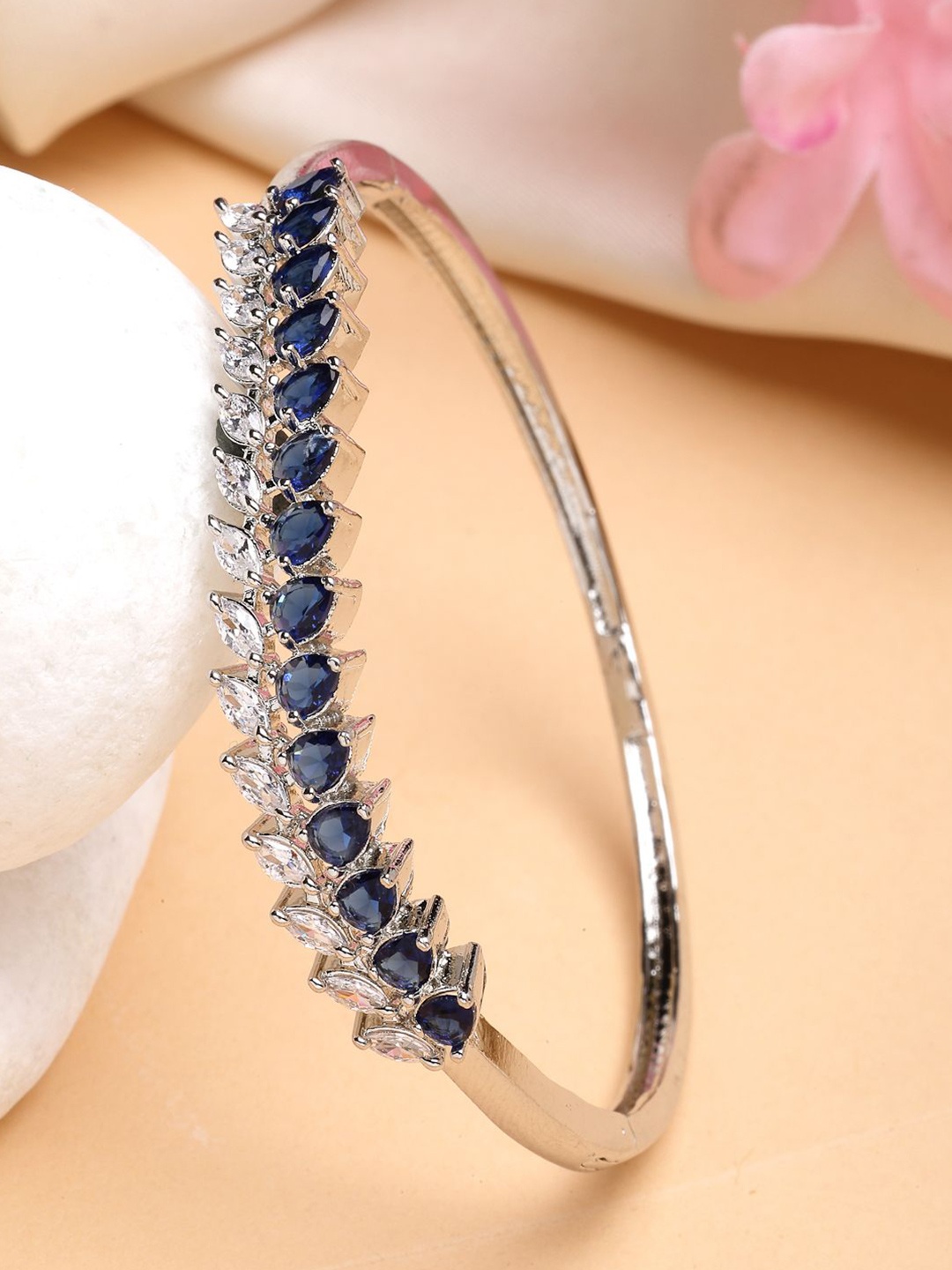 

ZENEME Rhodium Plated Silver Toned Stunning Diamond Blue Geometrical Bracelet