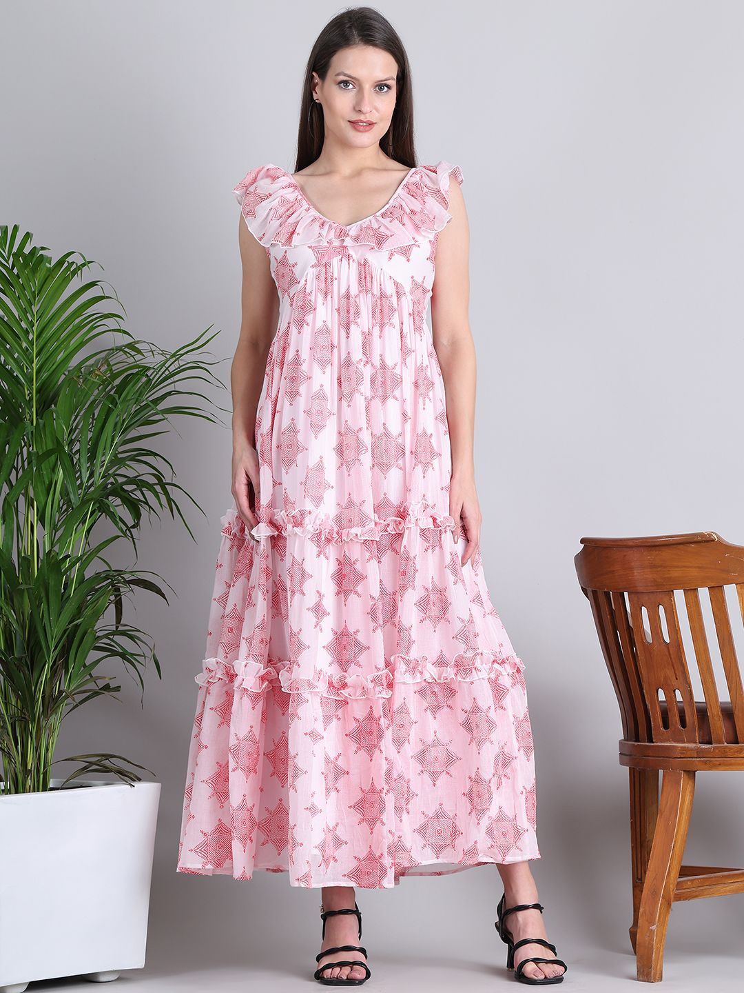 

Purple State Women Printed Cotton Maxi Dress, Red