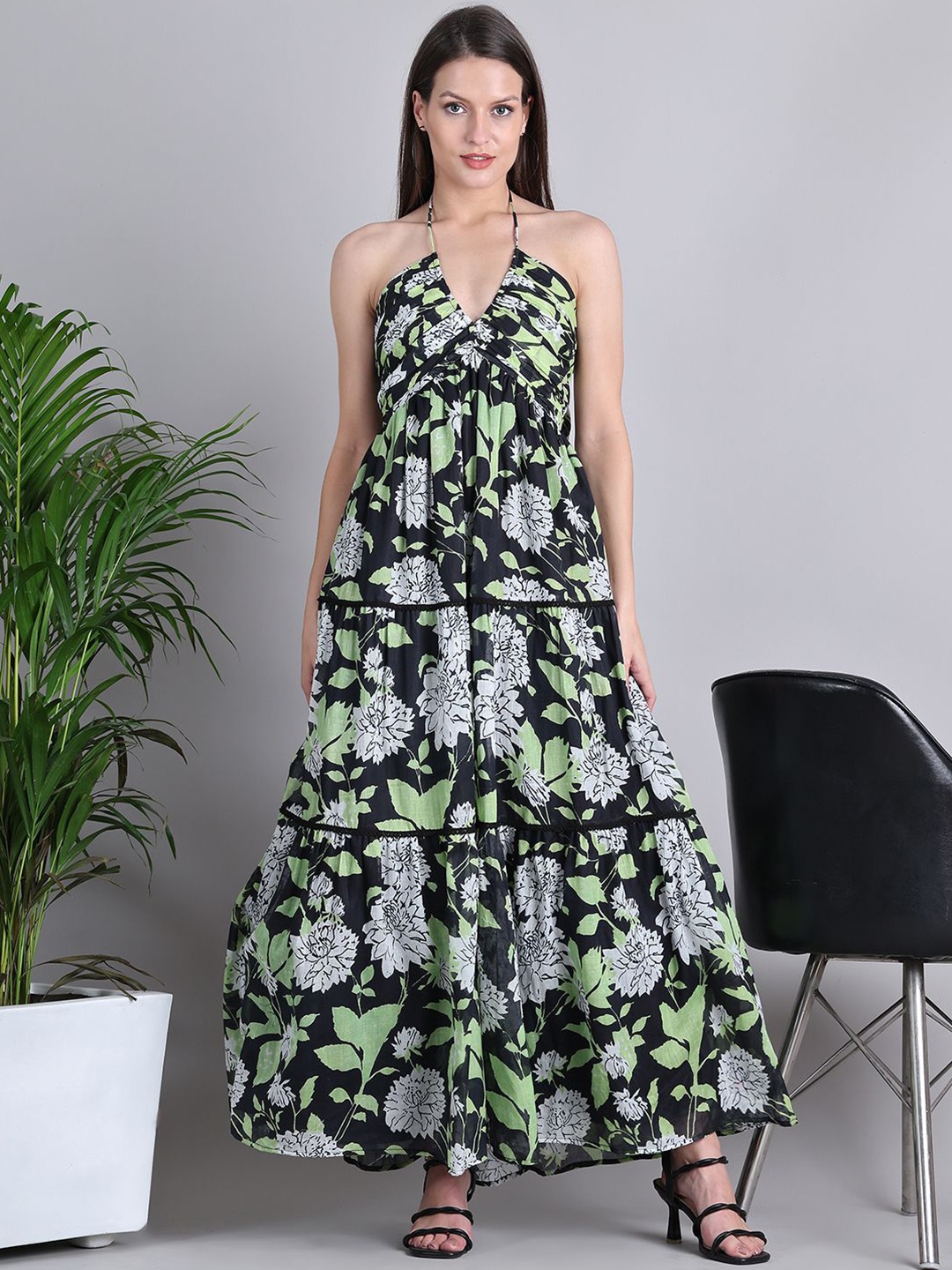 

Purple State Floral Printed Tiered Cotton Maxi Dress, Green