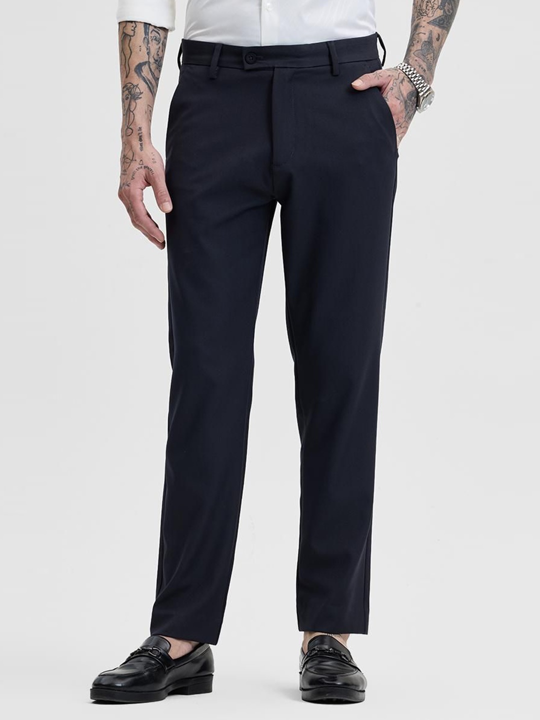 

Snitch Men Navy Plain Smart Slim Fit Trousers, Navy blue