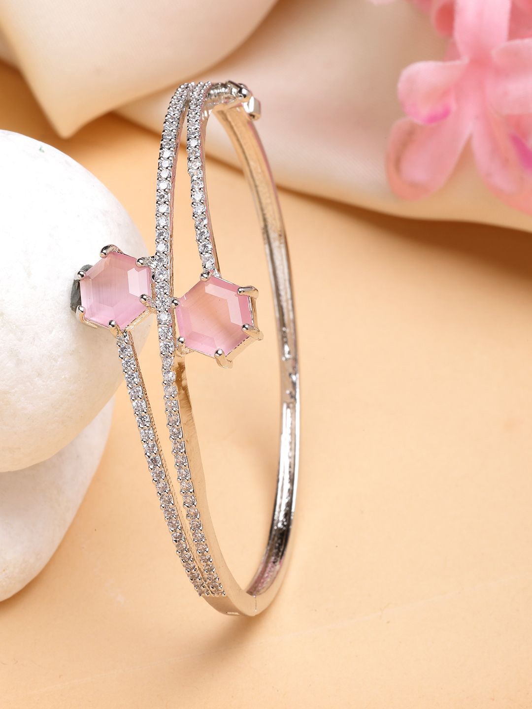 

ZENEME Rhodium Plated Silver Toned Twilight Sparkle Pink American Diamond Studded Bracelet