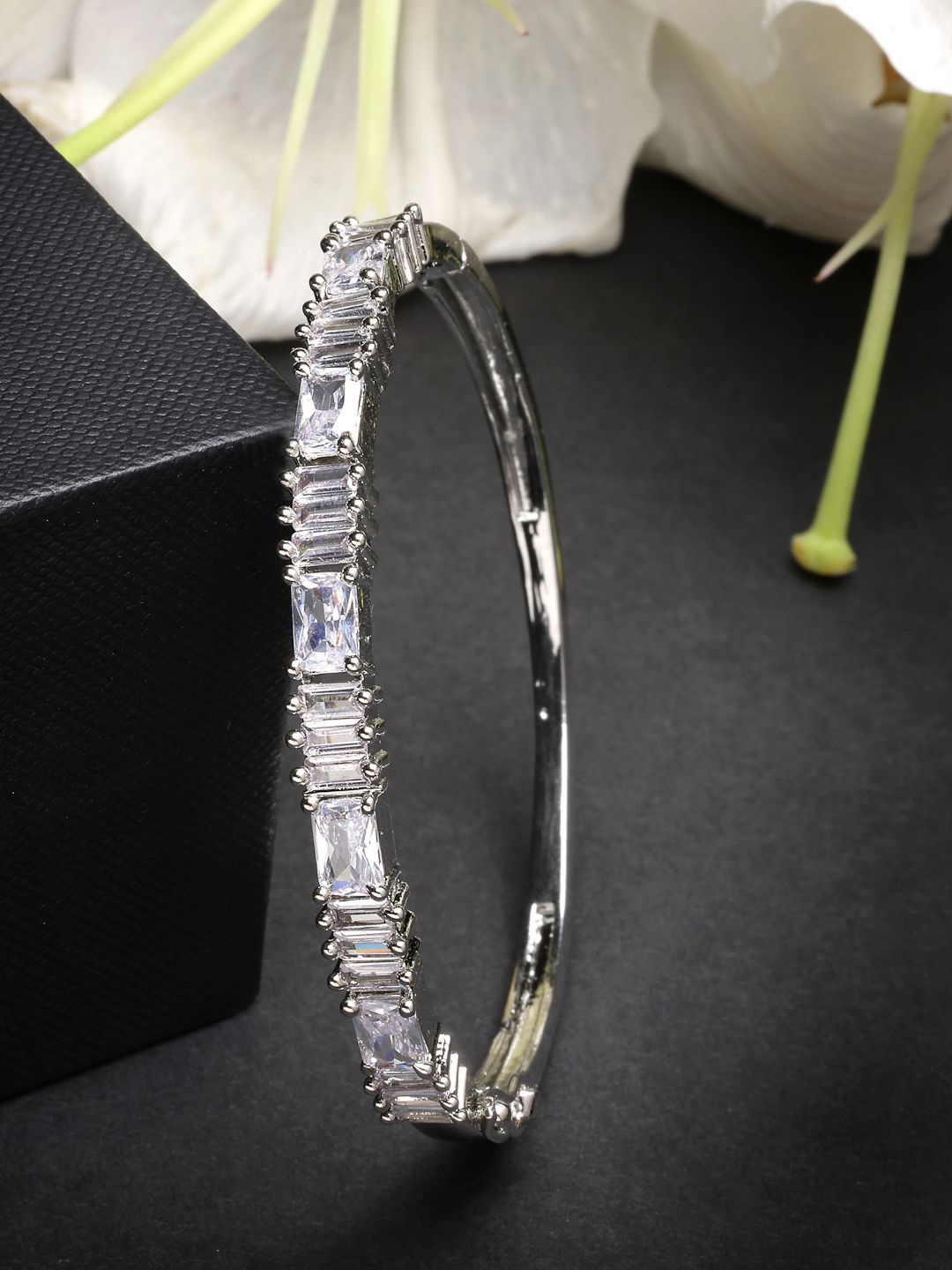 

ZENEME Rhodium Plated Silver Toned White Sparkle American Diamond Bracelet Kada