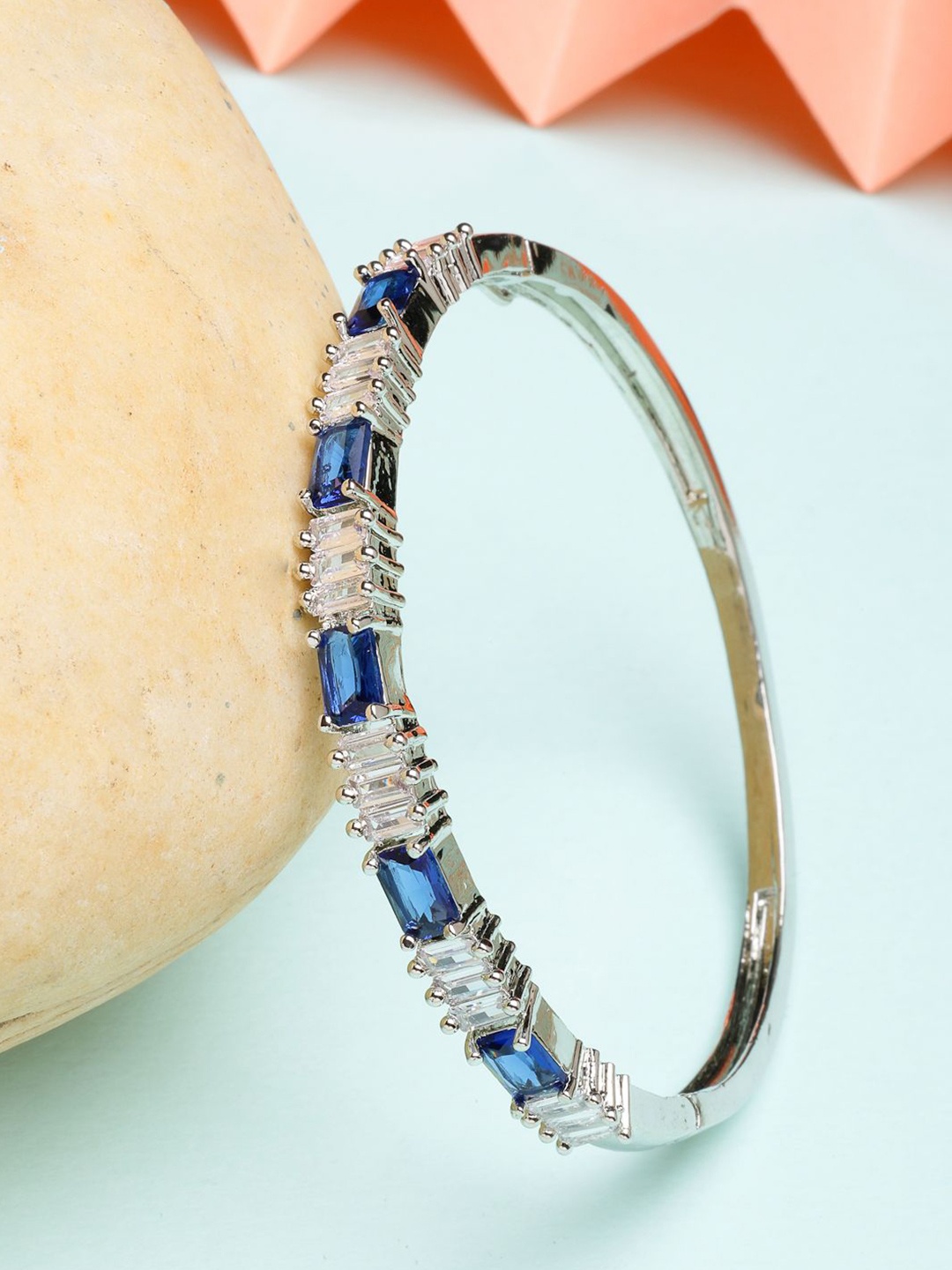 

ZENEME Rhodium Plated Silver Toned Blue Sparkle American Diamond Bracelet Kada