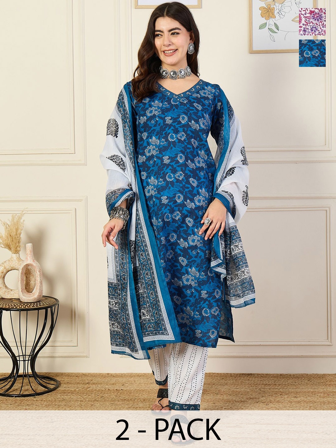 

KALINI Chanda Selection Of 2 Floral Printed Kurta With Trousers & Dupatta, Blue