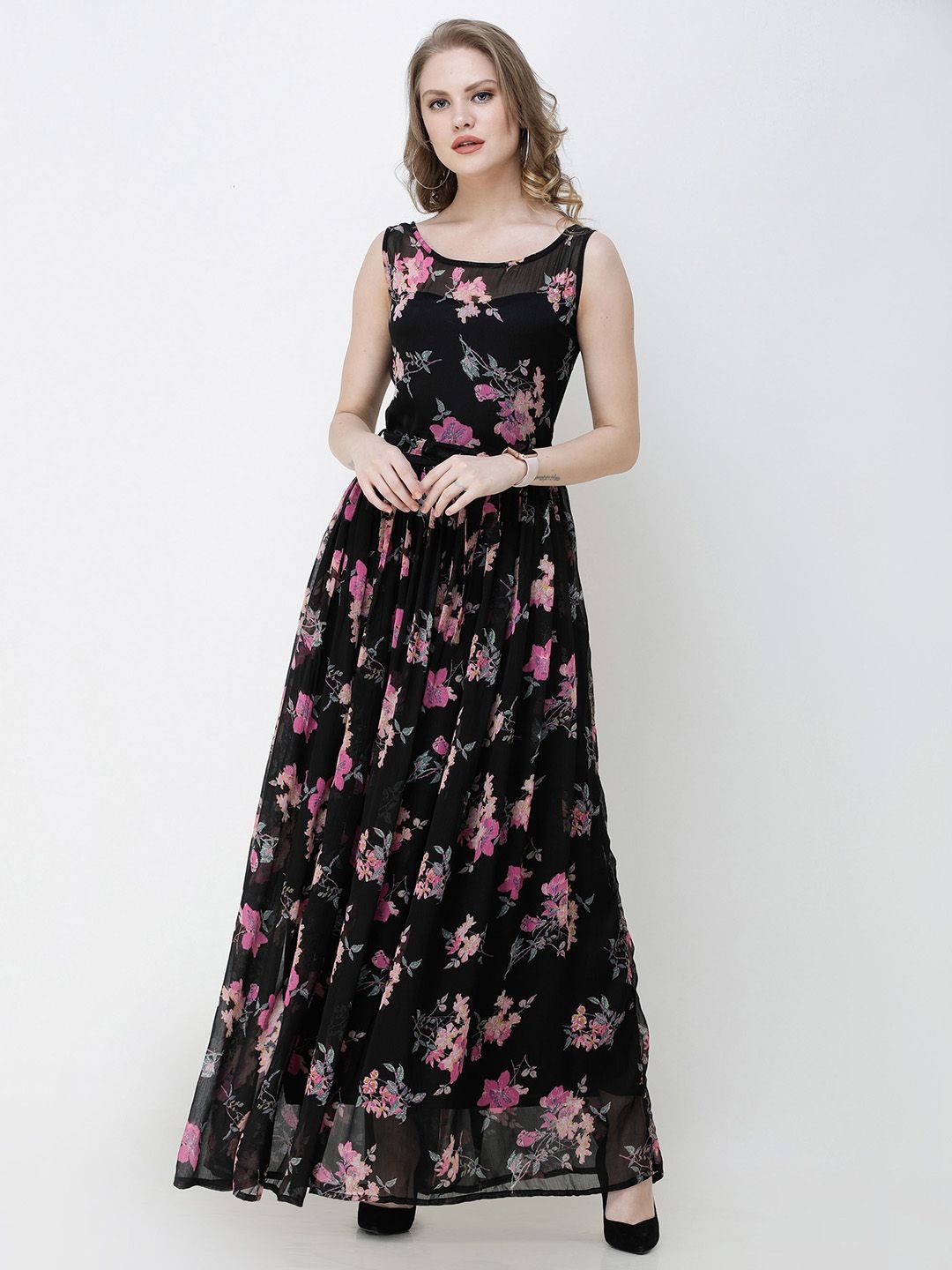 

BAESD Women Floral Print Chiffon Fit and Flare Dress, Black