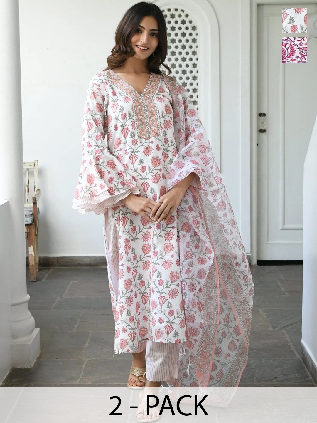 

KALINI Pack Of 2 Ethnic Motifs Printed Kurta With Trousers & Dupatta, White