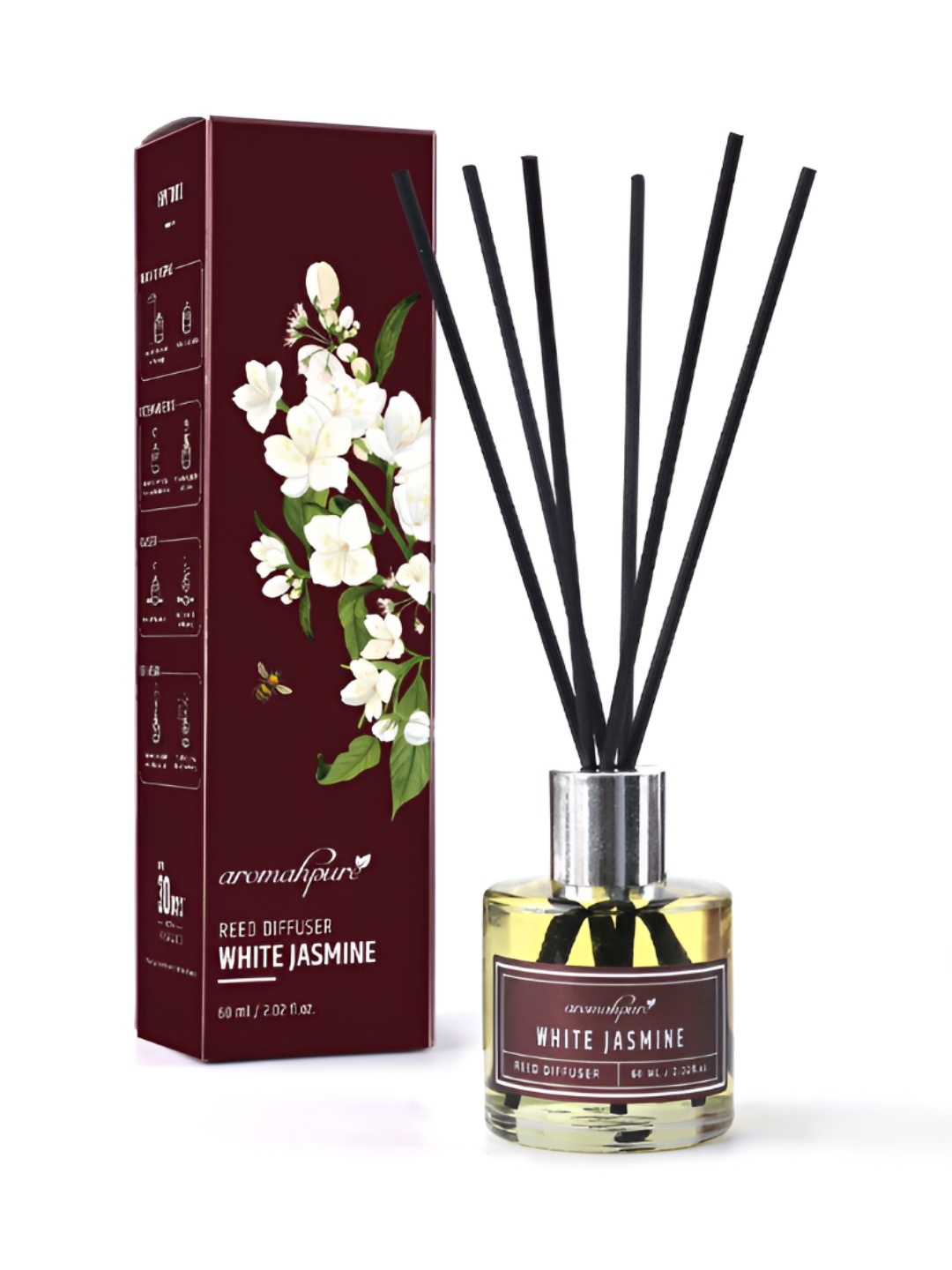 

Aromahpure Maroon & White Jasmine Aroma Oil Diffuser With 6 Fiber Reed Sticks 60ml