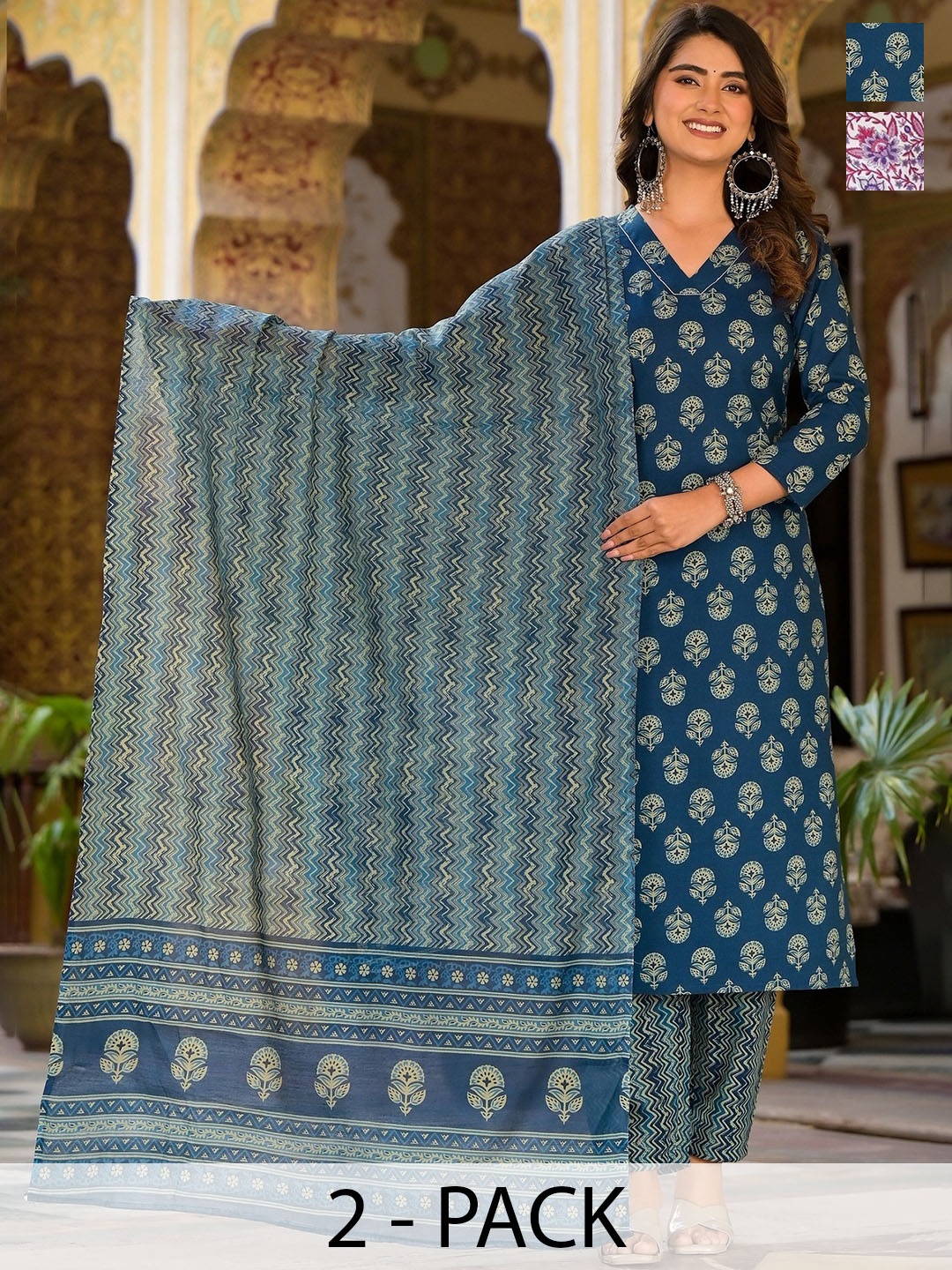 

KALINI Pack Of 2 Ethnic Motifs Printed Kurta With Trousers & Dupatta, Lavender
