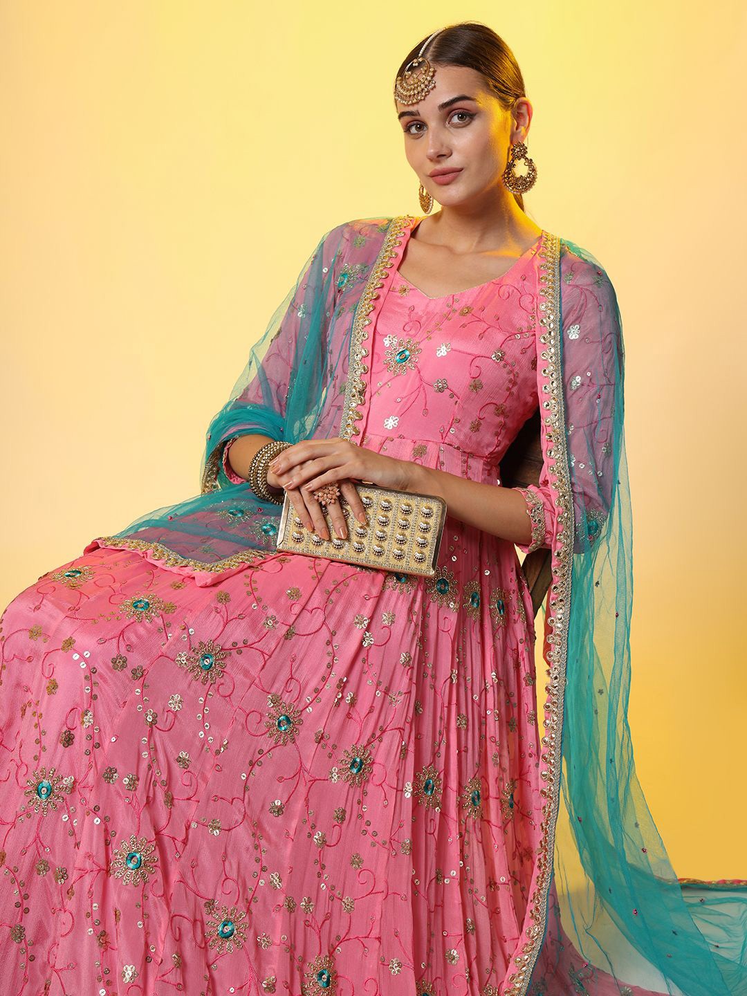 SUFIZA LIFESTYLE Women Floral Print Gown Dress, Pink