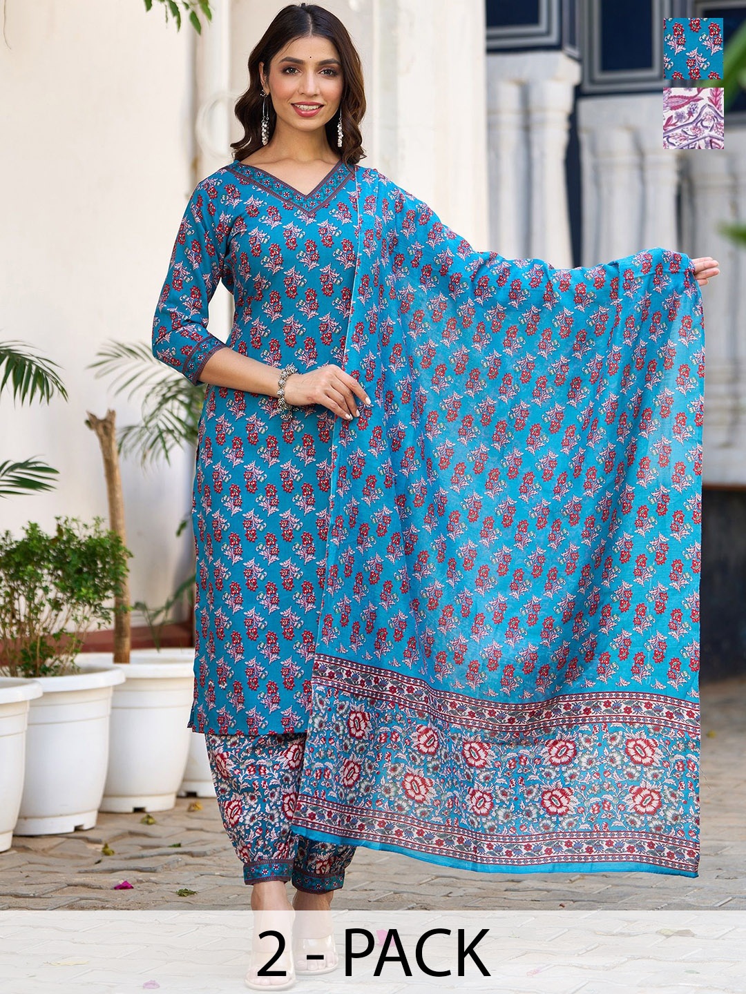 

KALINI Pack Of 2 Floral Printed Kurta With Trousers & Dupatta, Blue