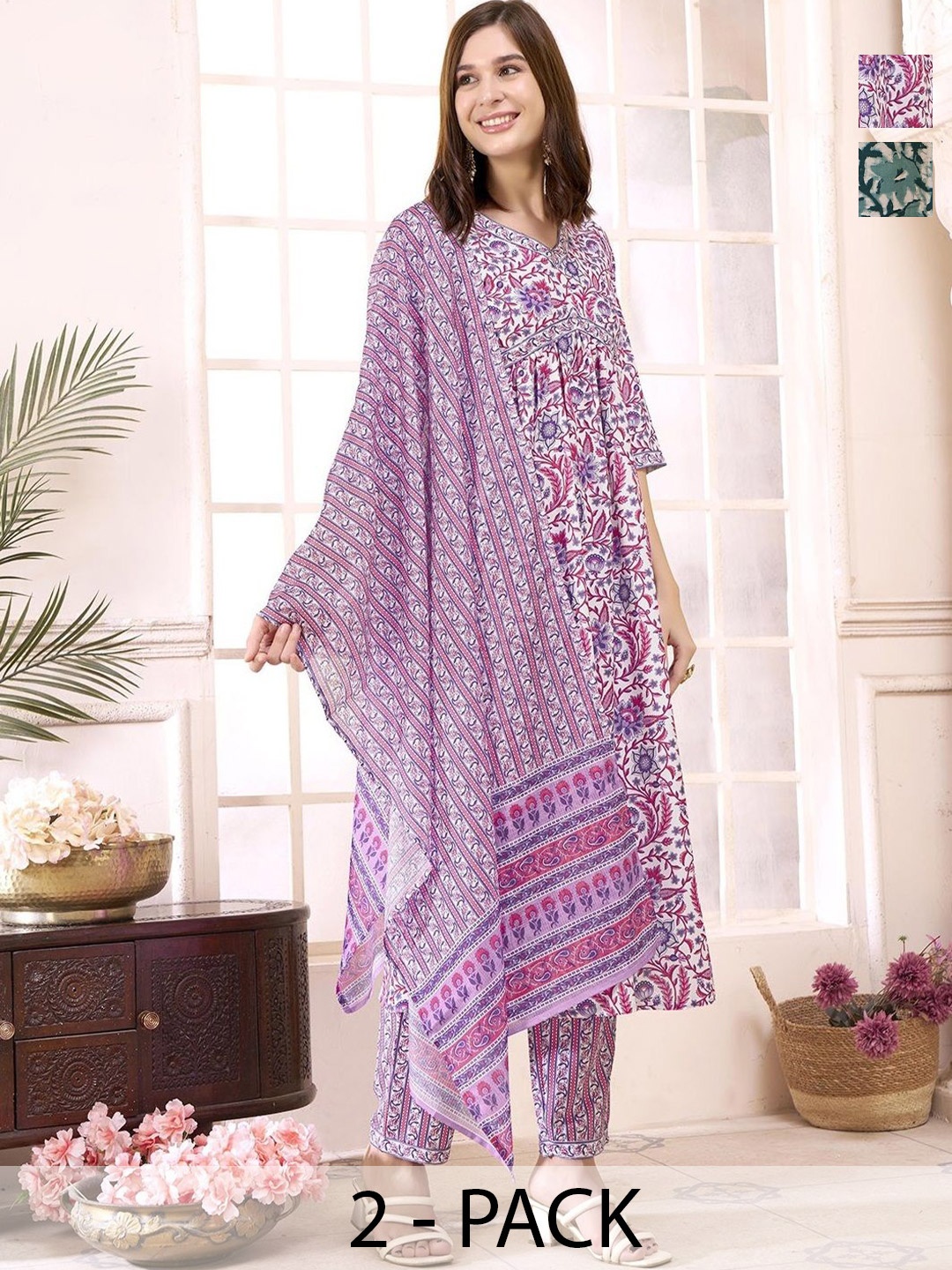 

KALINI Pack Of 2 Ethnic Motifs Printed Straight Kurta With Trousers & Dupatta, Green