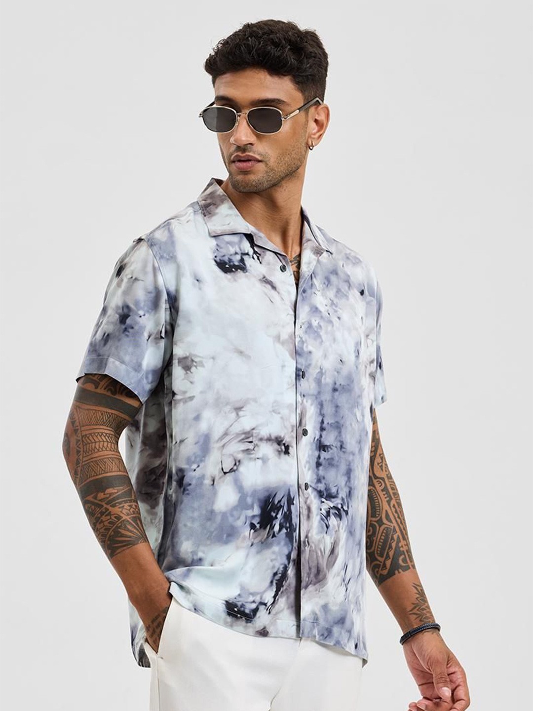 

Snitch Men Relaxed Boxy Fit Cuban Collar Abstract Printed Casual Shirt, White