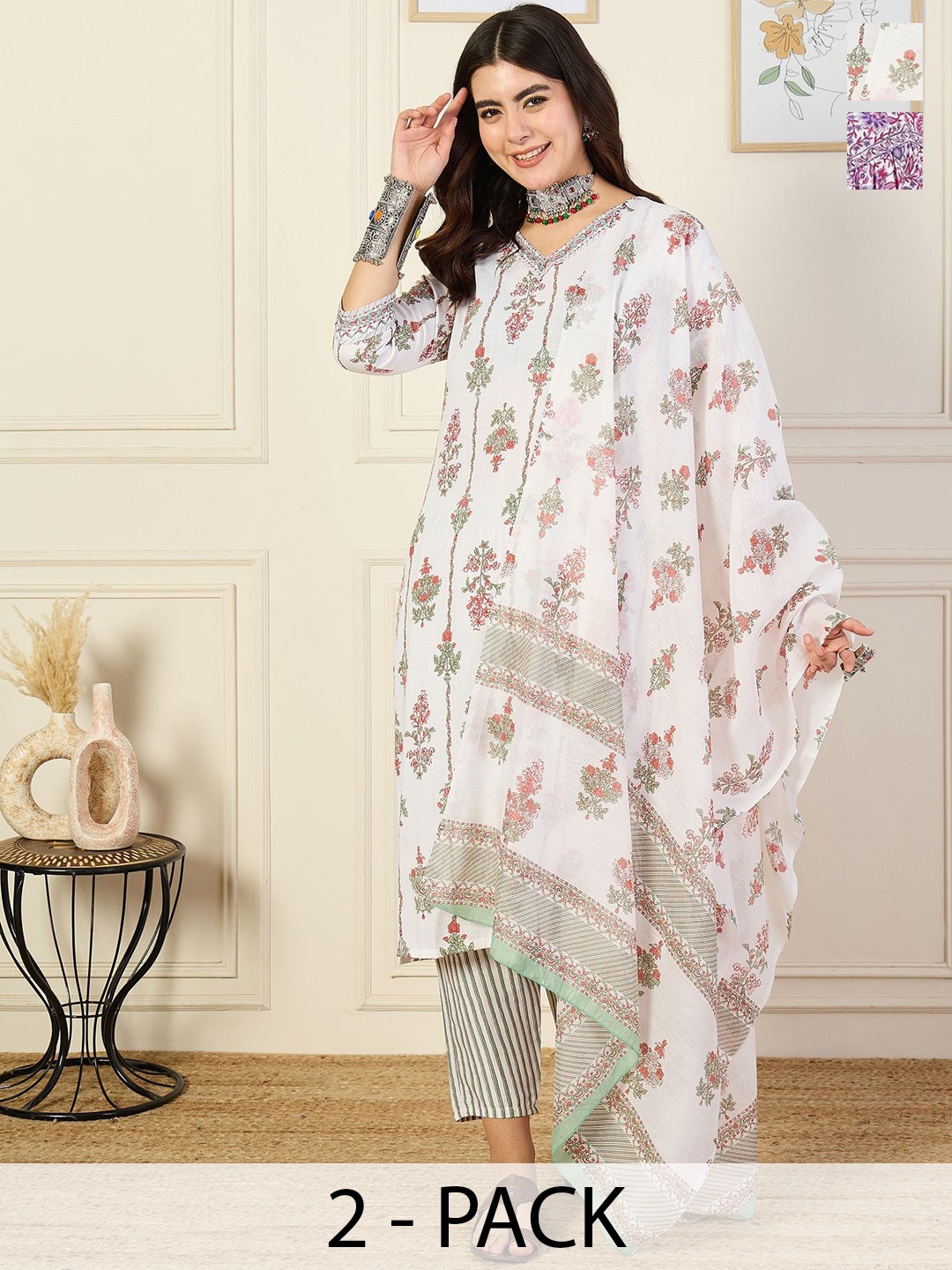 

KALINI Pack Of 2 Ethnic Motifs Printed Kurta With Trousers & Dupatta, Pink