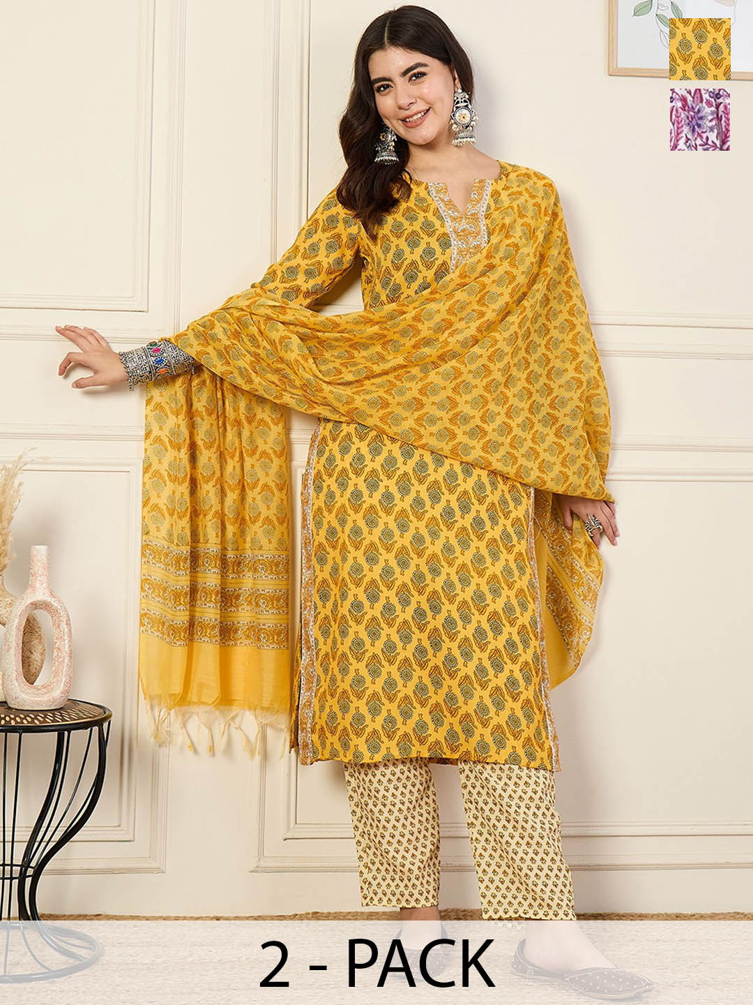 

KALINI Pack Of 2 Ethnic Motifs Printed Straight Kurta With Trousers & Dupatta, Purple