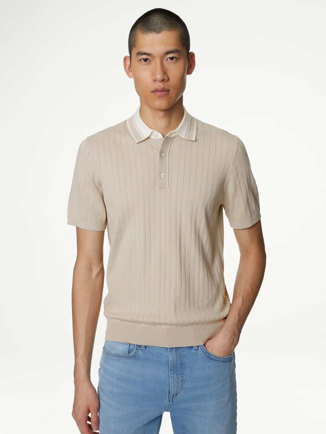 

Marks & Spencer Men Self Design Polo Collar Cotton T-shirt, Beige