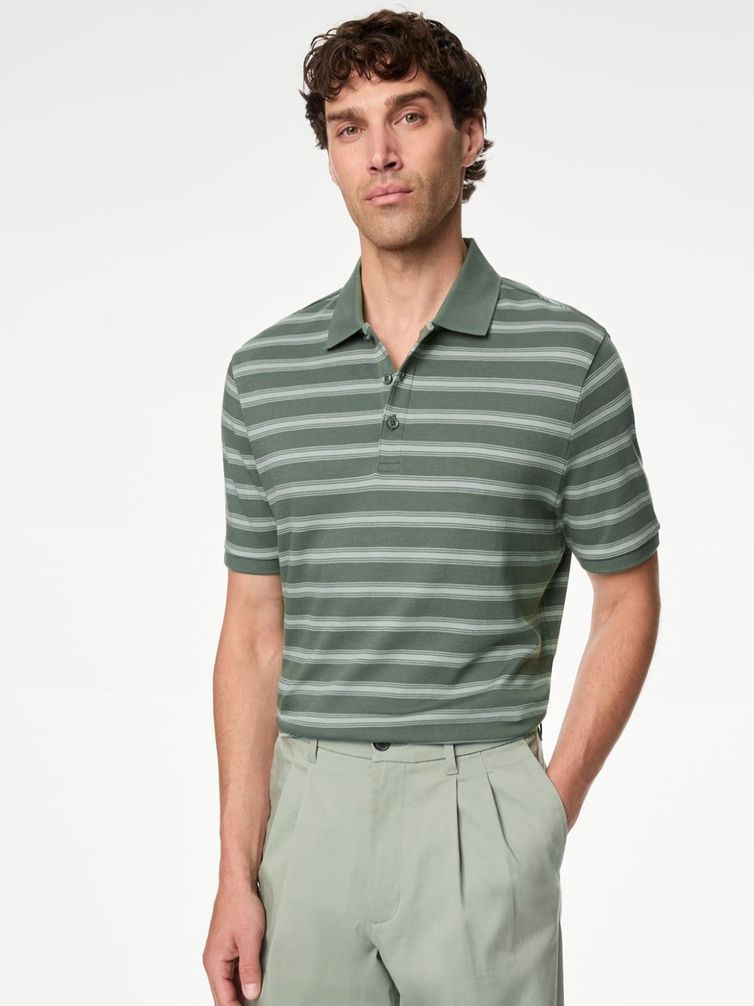 

Marks & Spencer Men Striped Polo Collar Cotton T-shirt, Green