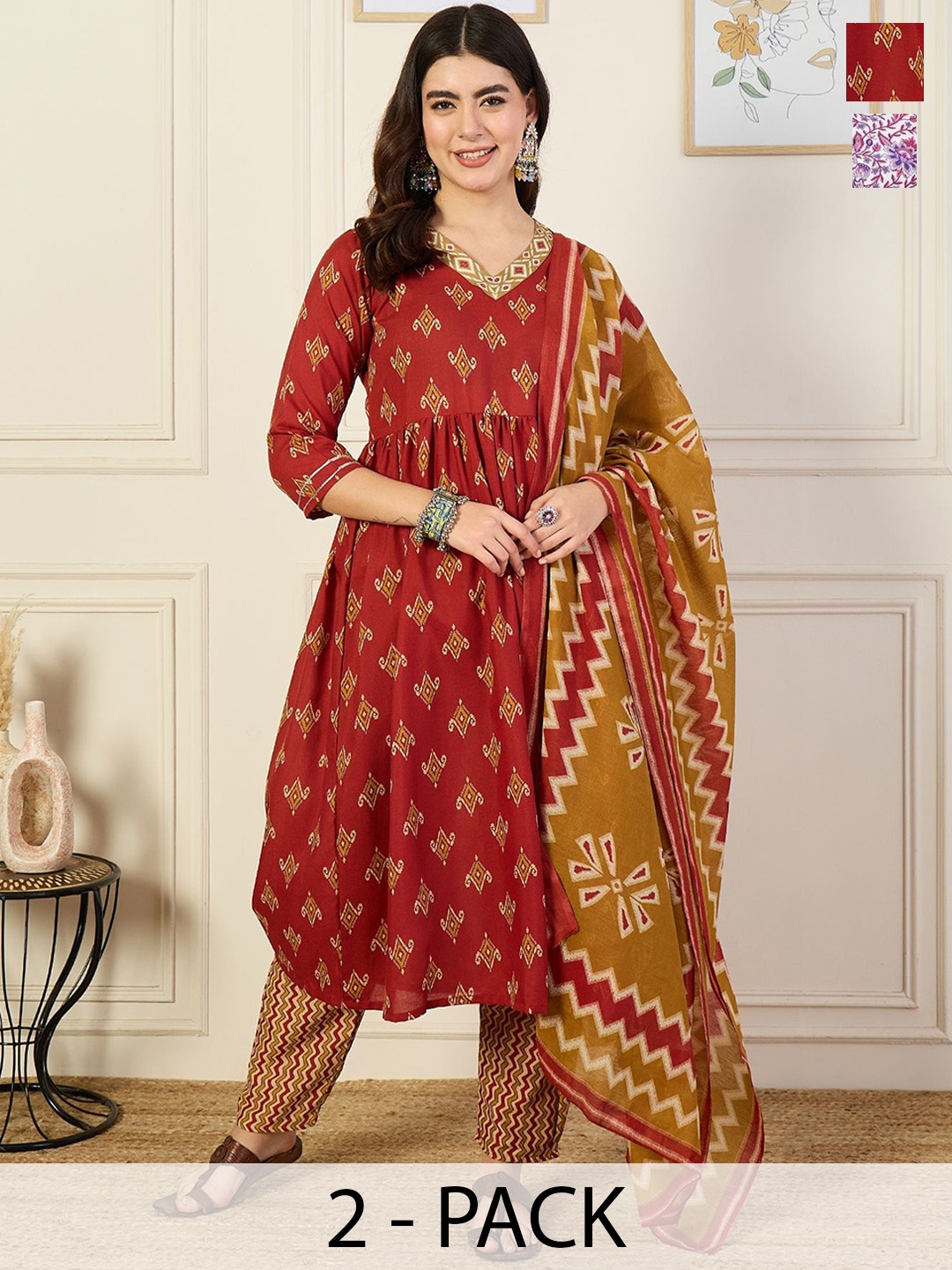 

KALINI Pack Of 2 Ethnic Motifs Printed Straight Kurta With Trousers & Dupatta, Pink