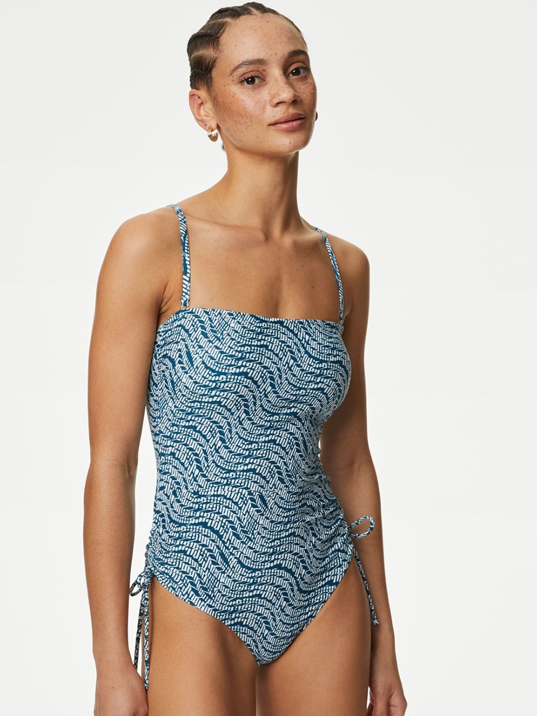 

Marks & Spencer Women Printed Shoulder Strap Neck Bodysuit, Blue