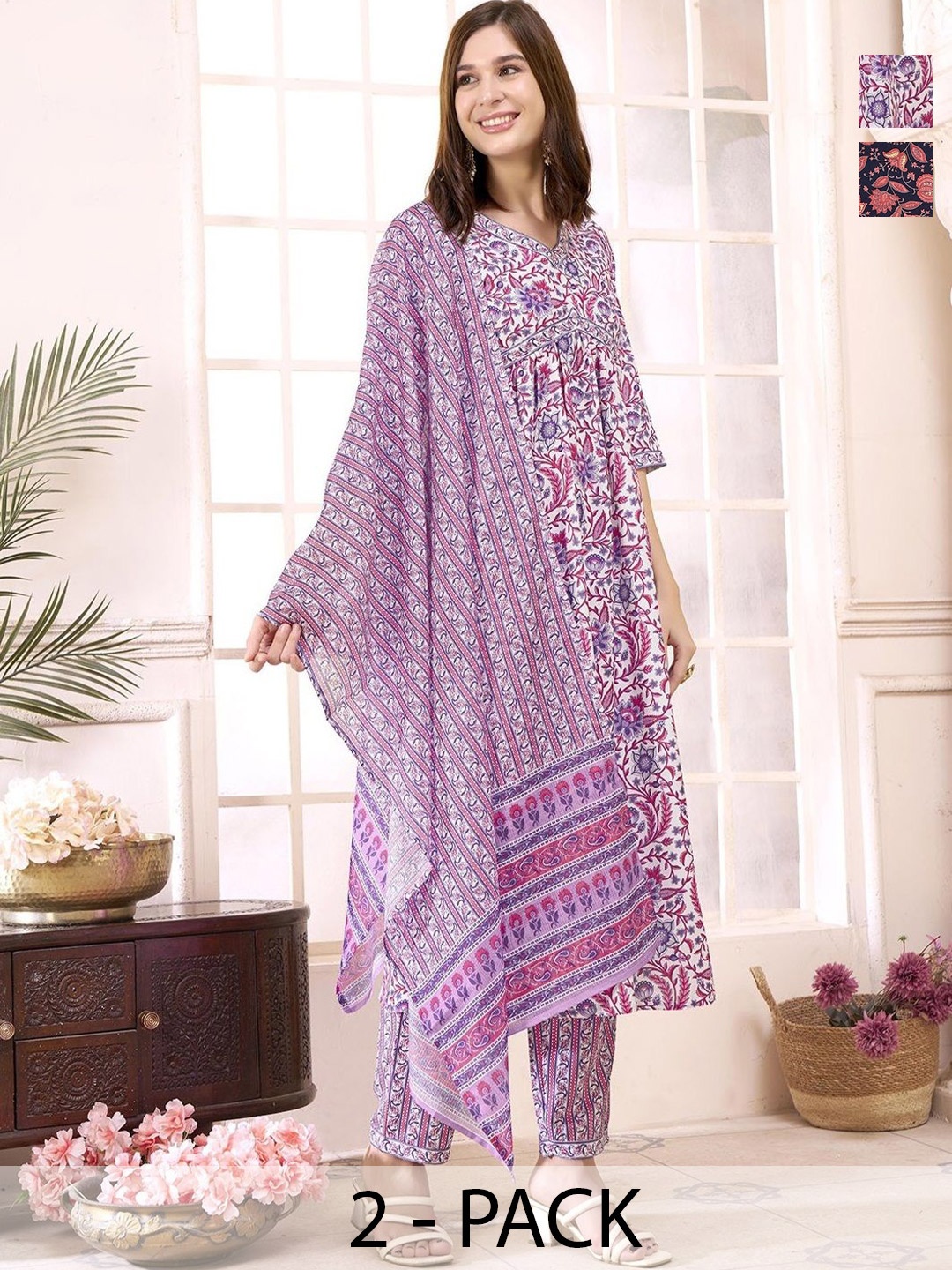 

KALINI Selection Of 2 Floral Printed V-Neck Straight Kurtas With Trousers And Dupattas, Off white
