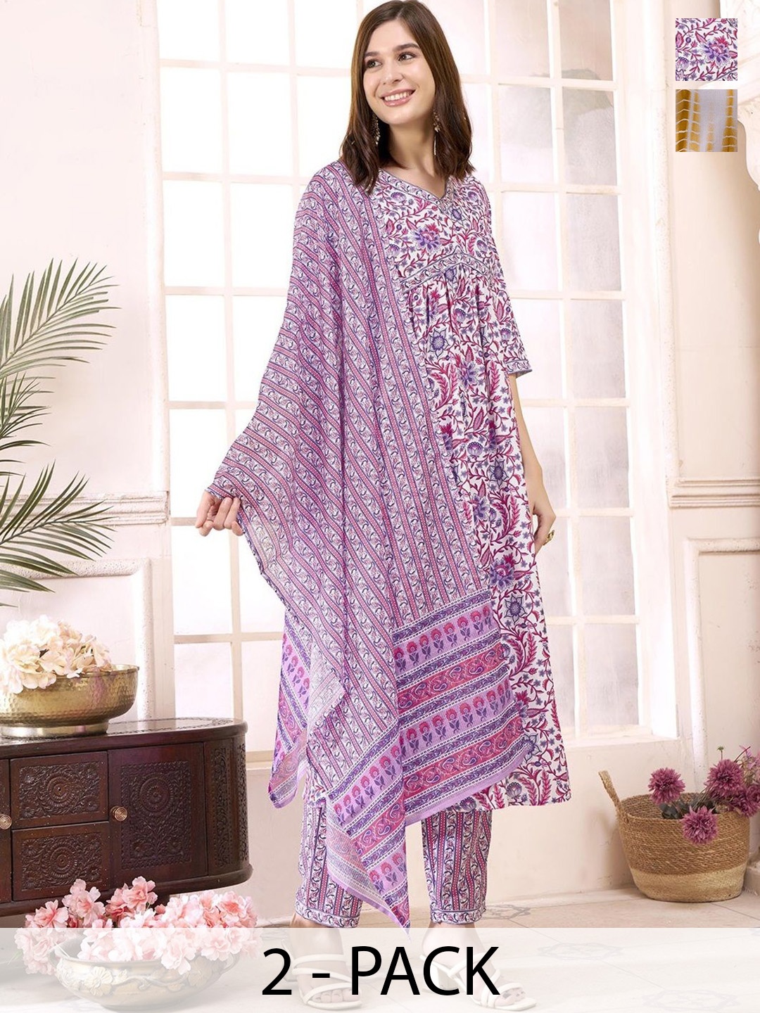 

KALINI Selection Of 2 Floral Printed V-Neck Straight Kurtas With Trousers And Dupattas, White