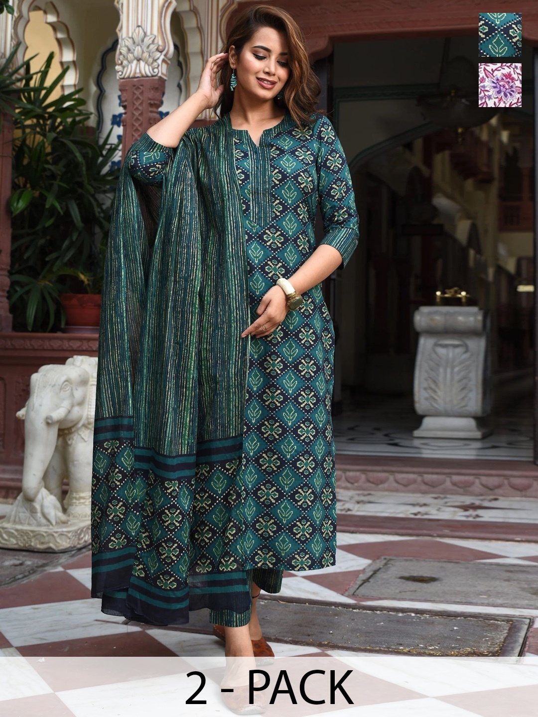 

KALINI Selection Of 2 Ethnic Motifs Notch Neck Straight Kurtas With Trousers And Dupattas, Green