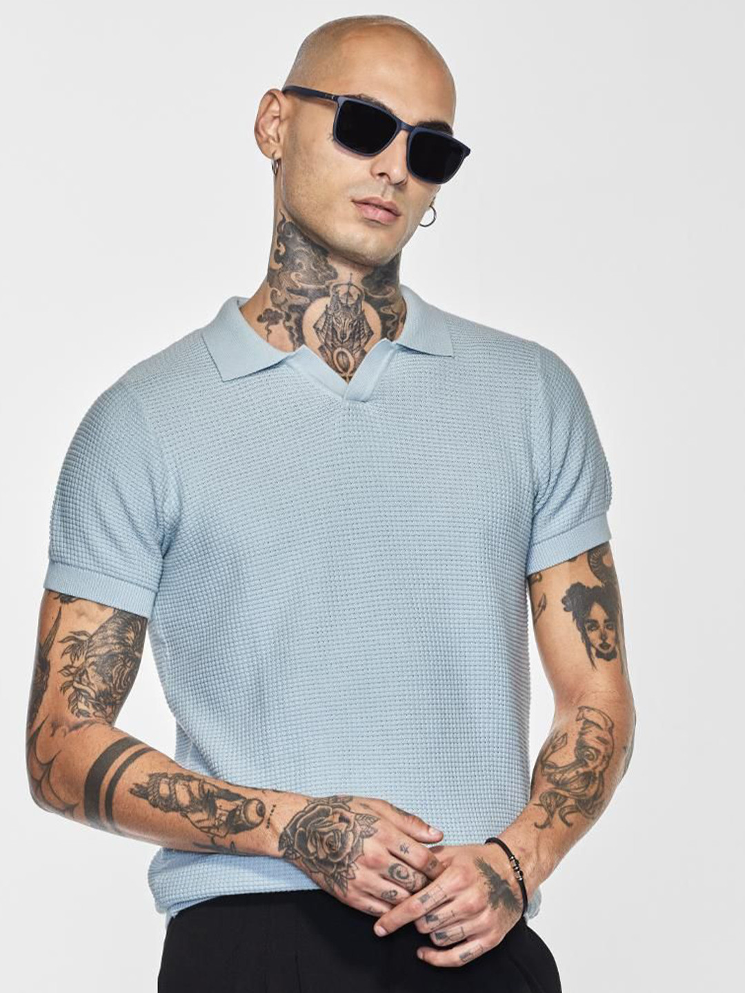

Snitch Men Self Design Polo Collar Cotton T-shirt, Blue