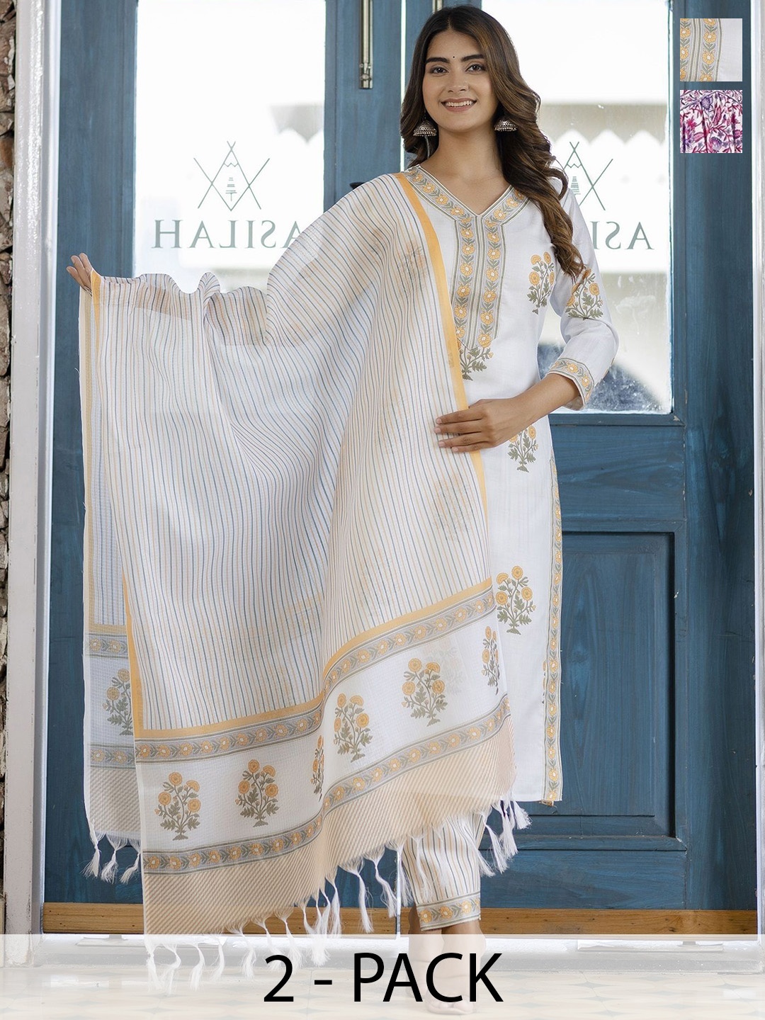 

KALINI Selection Of 2 Floral Printed V-Neck Straight Kurta with Trousers And Dupatta, White