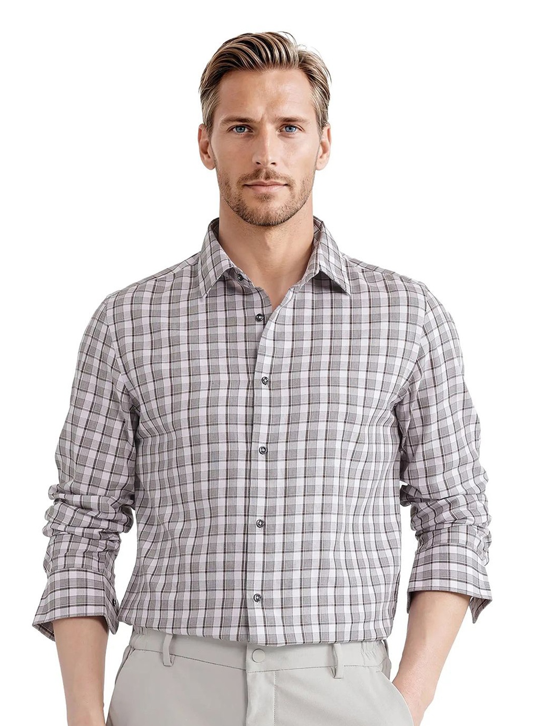 

RARE RABBIT Men Comfort Fit Spread Collar Tartan Checked Cotton Casual Shirt, Grey