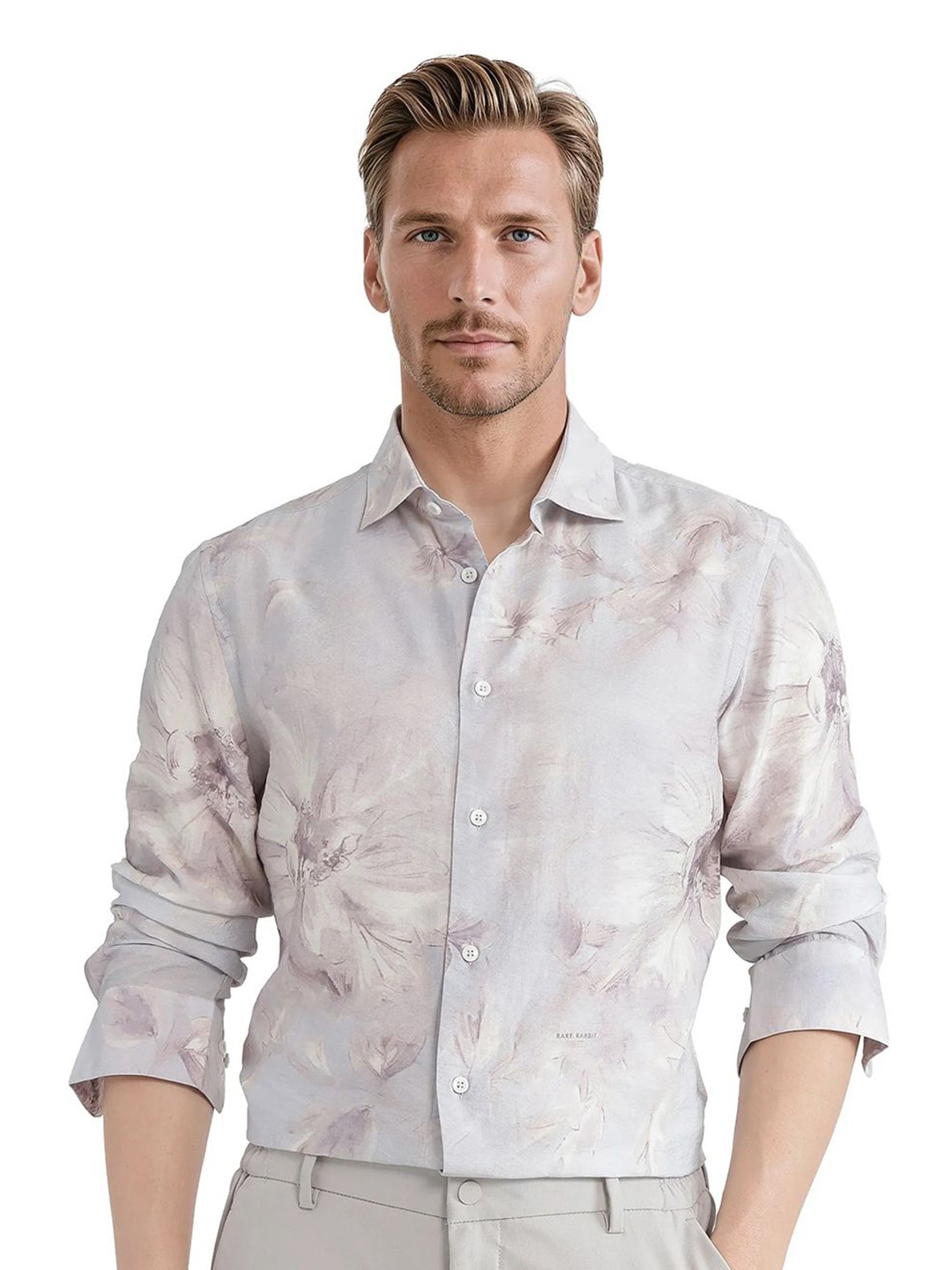 RARE RABBIT Men Comfort Fit Spread Collar Floral Printed Casual Shirt, Beige