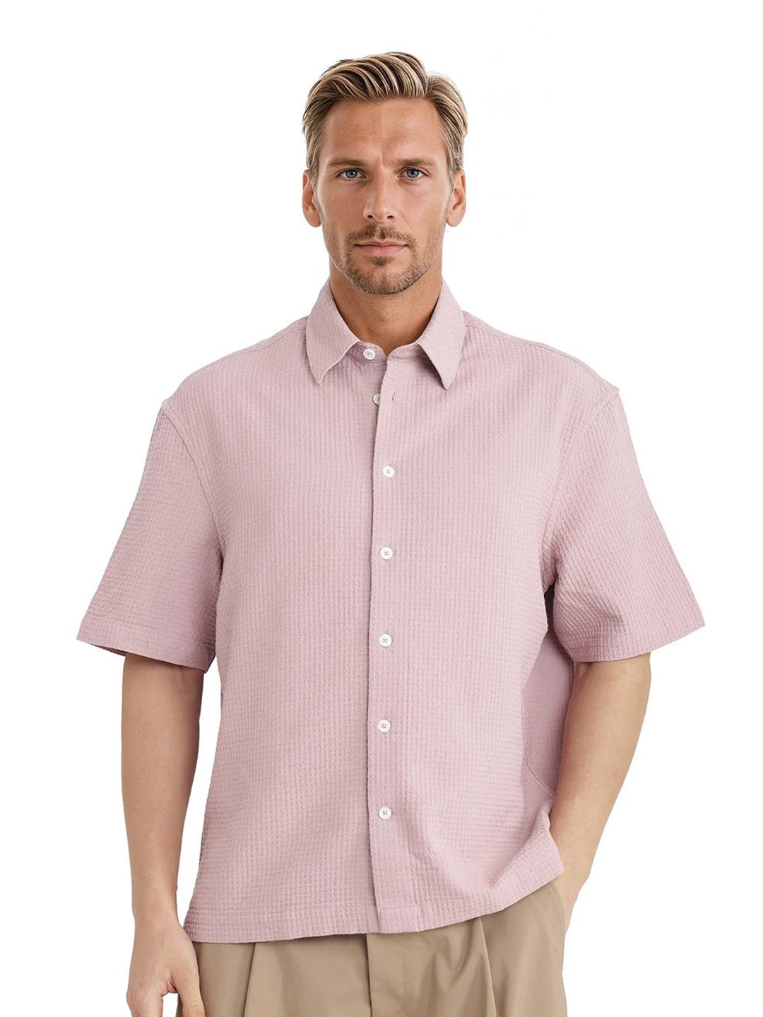 

RARE RABBIT Men Comfort Fit Spread Collar Textured Cotton Casual Shirt, Mauve