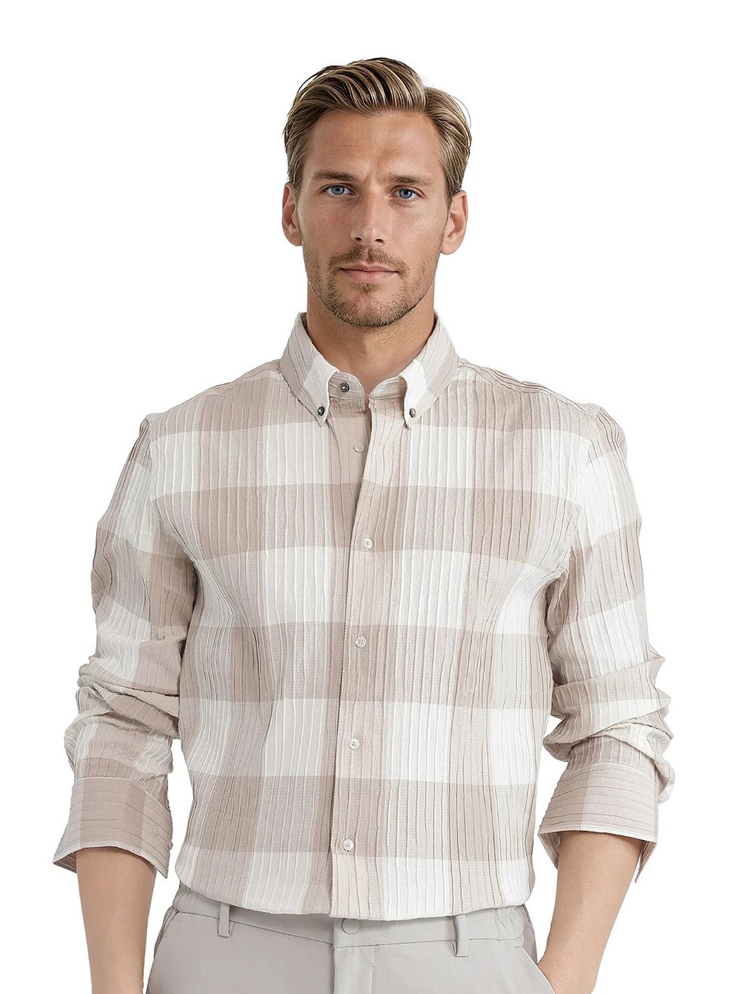 

RARE RABBIT Men Comfort Fit Button-Down Collar Gingham Checked Cotton Casual Shirt, White