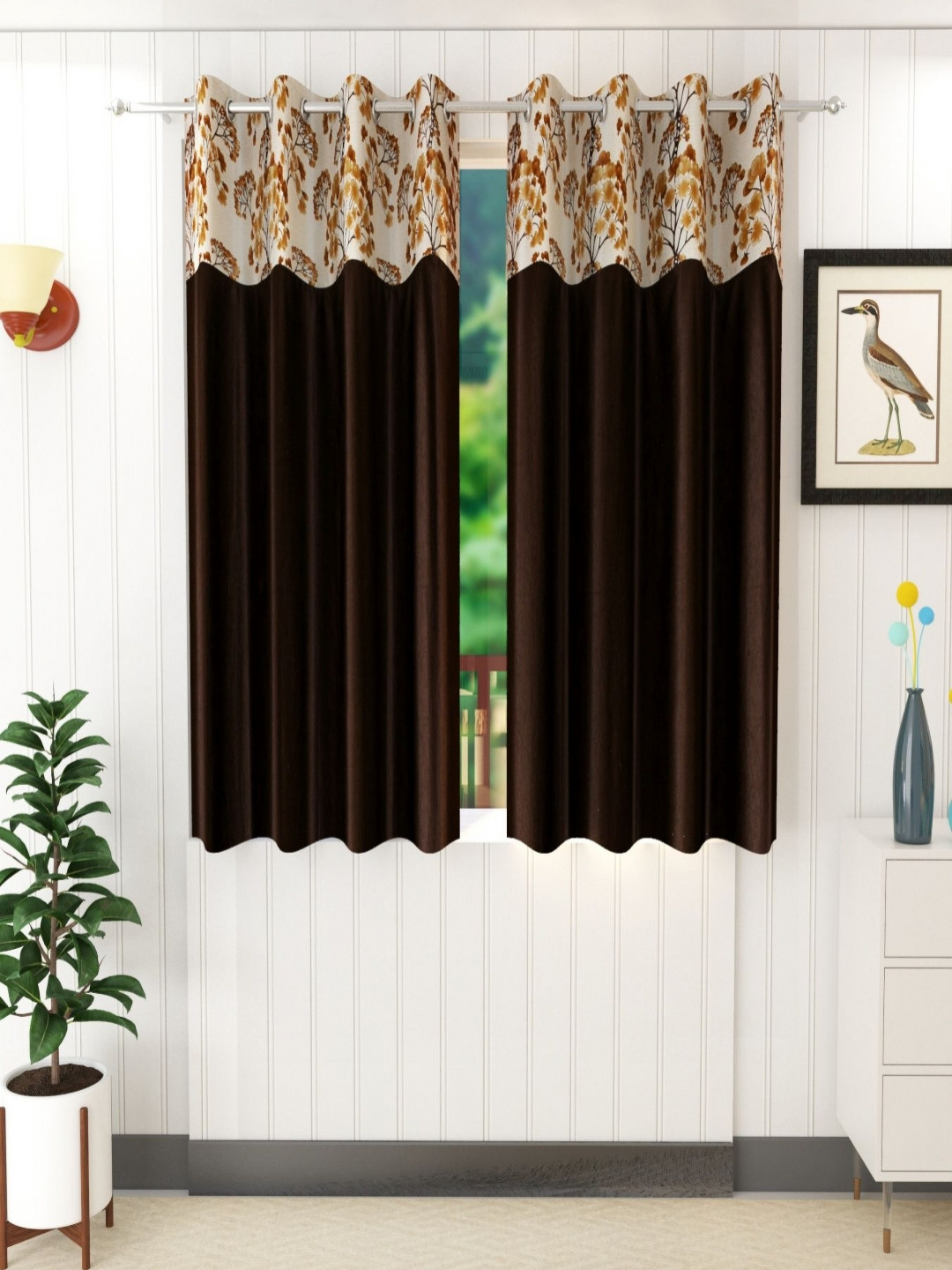 

Aura Coffee Petunia Brown & Beige 2 Pieces Floral Printed Window Curtains, Coffee brown
