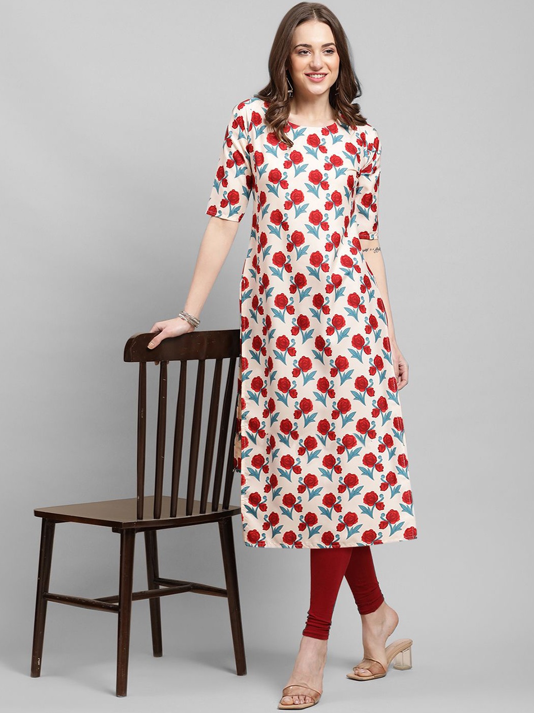 

7Threads Floral Printed Round Neck Crepe Straight Kurta, Cream
