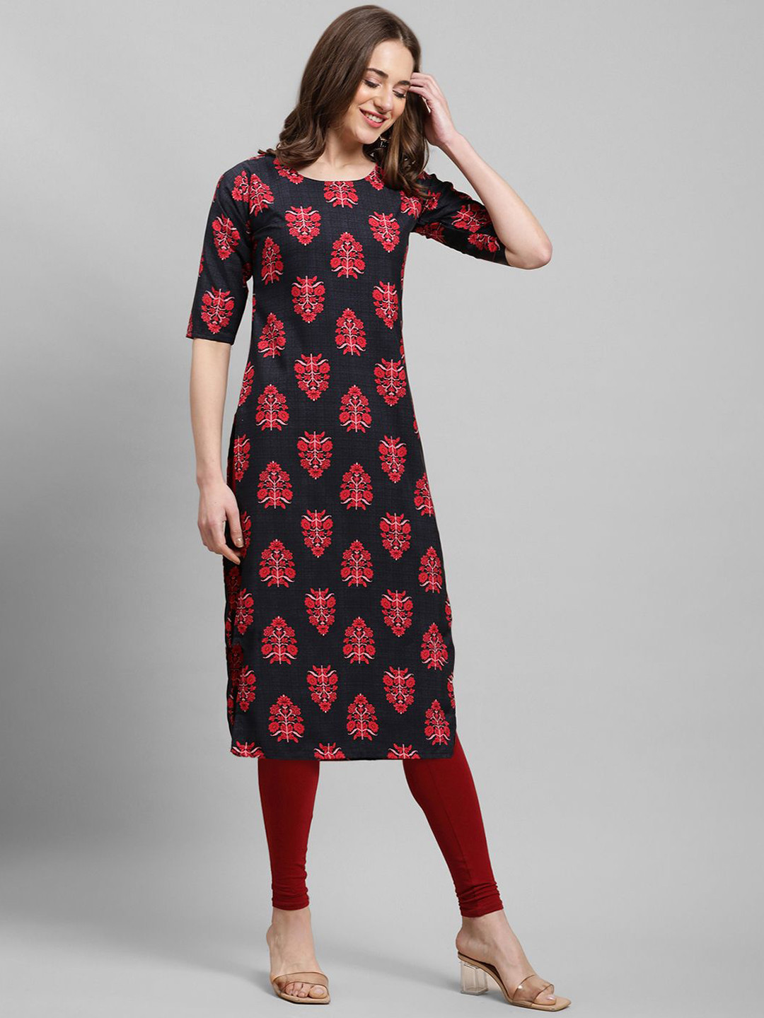 

7Threads Ethnic Motifs Printed Round Neck Straight Crepe Kurta, Blue