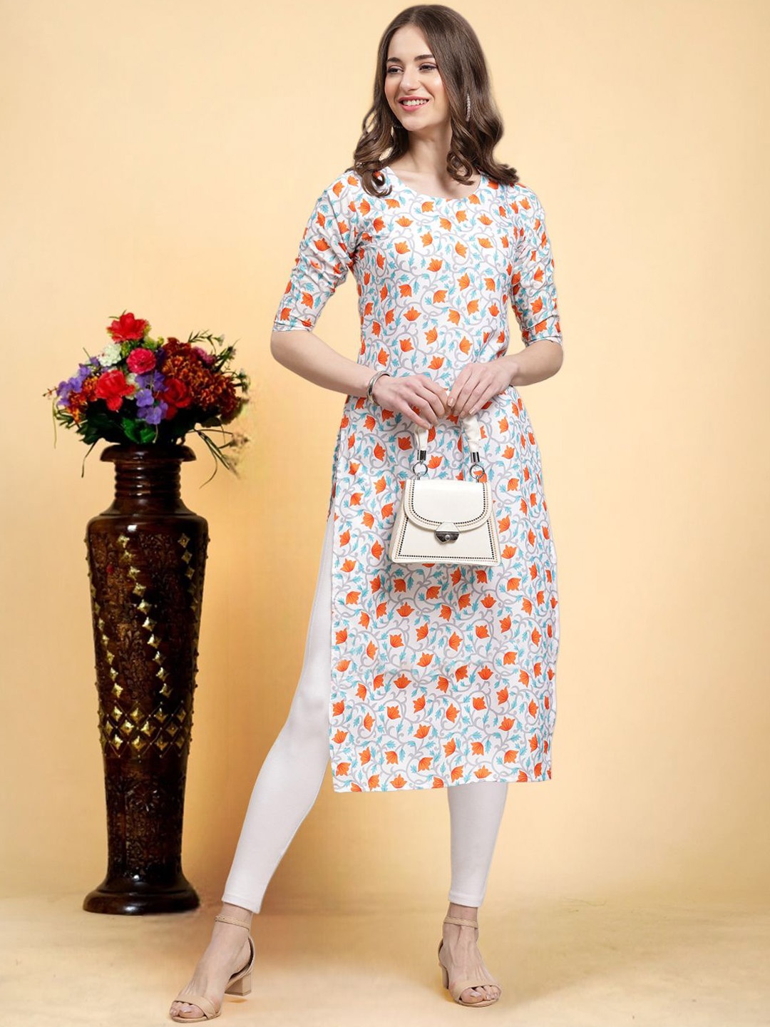 

7Threads Floral Printed Round Neck Straight Crepe Kurta, White