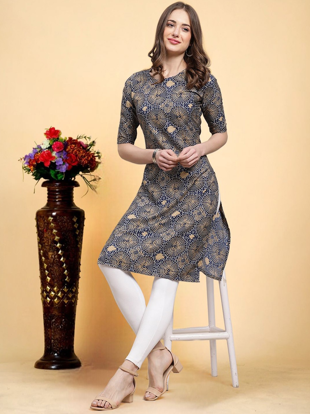 

7Threads Ethnic Motifs Printed Round Neck Straight Crepe Kurta, Blue