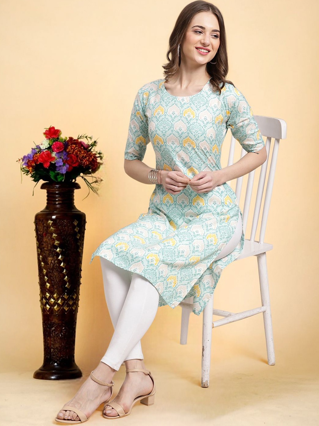 

7Threads Ethnic Motifs Printed Round Neck Crepe Straight Kurta, Blue
