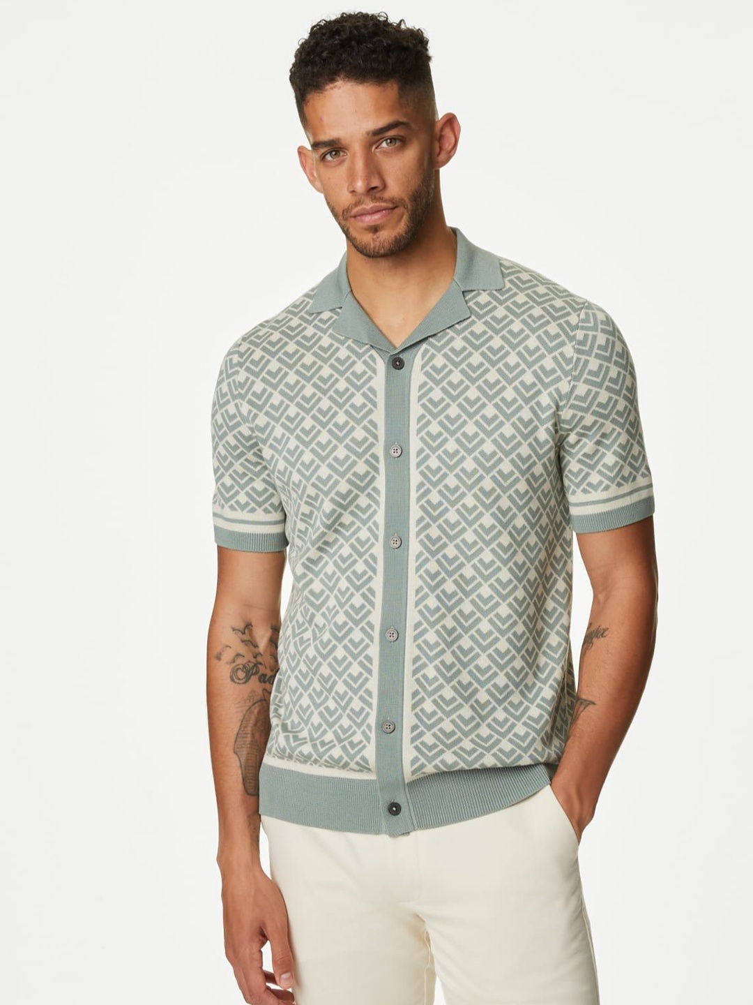 

Marks & Spencer Men Geometric Printed Cuban Collar Shirt, Green