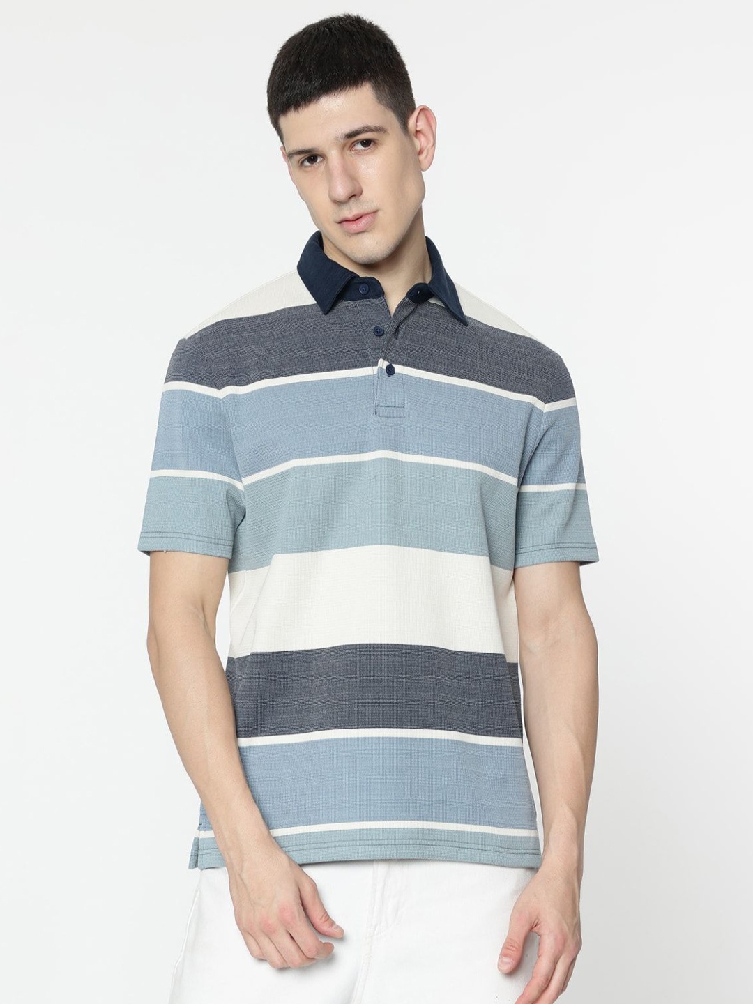 

Marks & Spencer Men Striped Polo Collar Cotton T-shirt, Blue