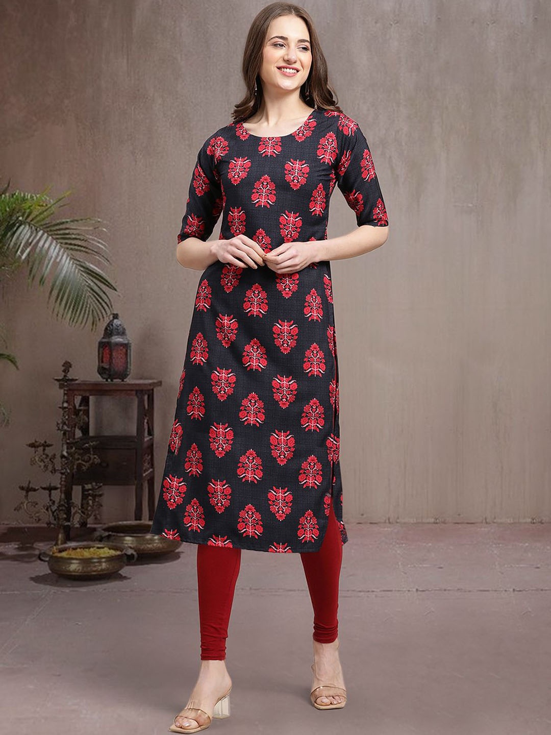 

7Threads Ethnic Motifs Printed Round Neck Crepe Straight Kurta, Blue