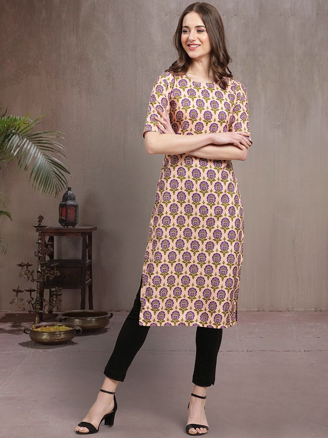 

7Threads Ethnic Motifs Printed Round Neck Straight Crepe Kurta, Beige