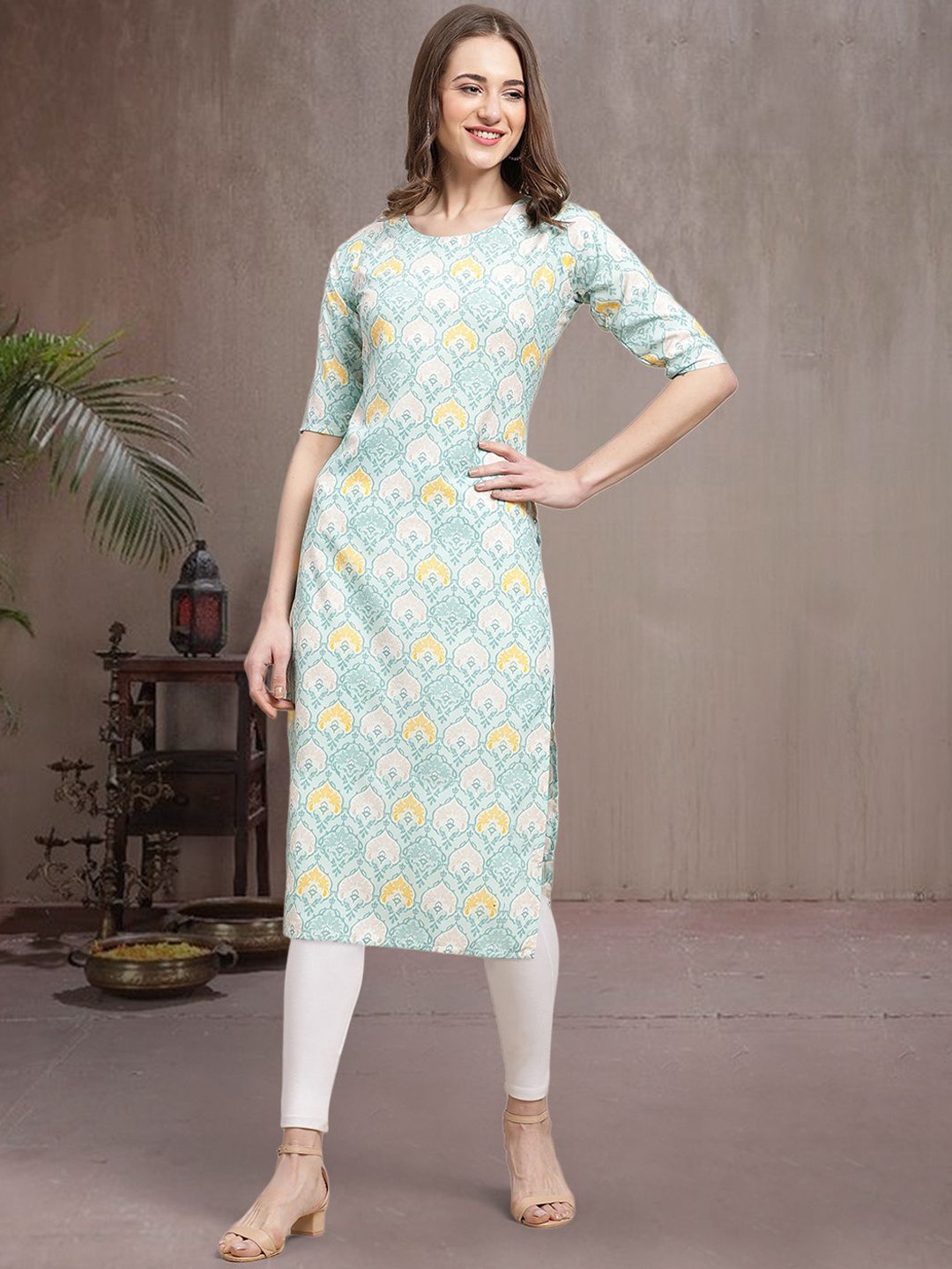 

7Threads Ethnic Motifs Printed Round Neck Crepe Straight Kurta, Blue