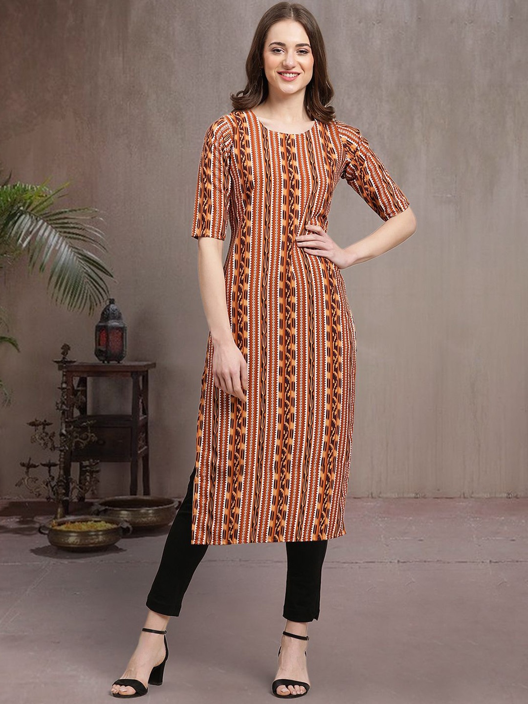 7Threads Ethnic Motifs Printed Round Neck Straight Crepe Kurta, Brown