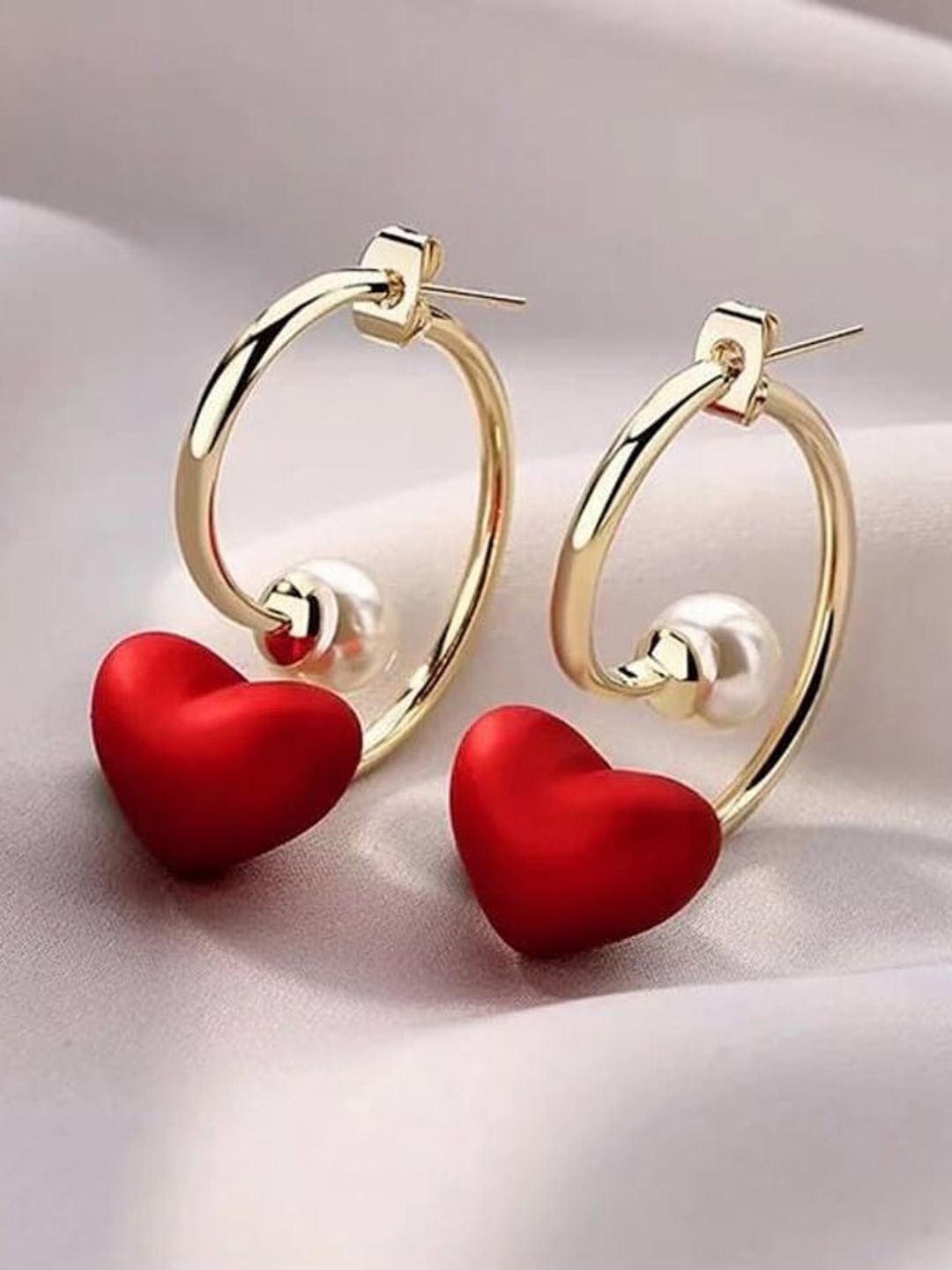 

VAGHBHATT Gold-Plated Heart Shaped Pearls Studded Half Hoop Earrings